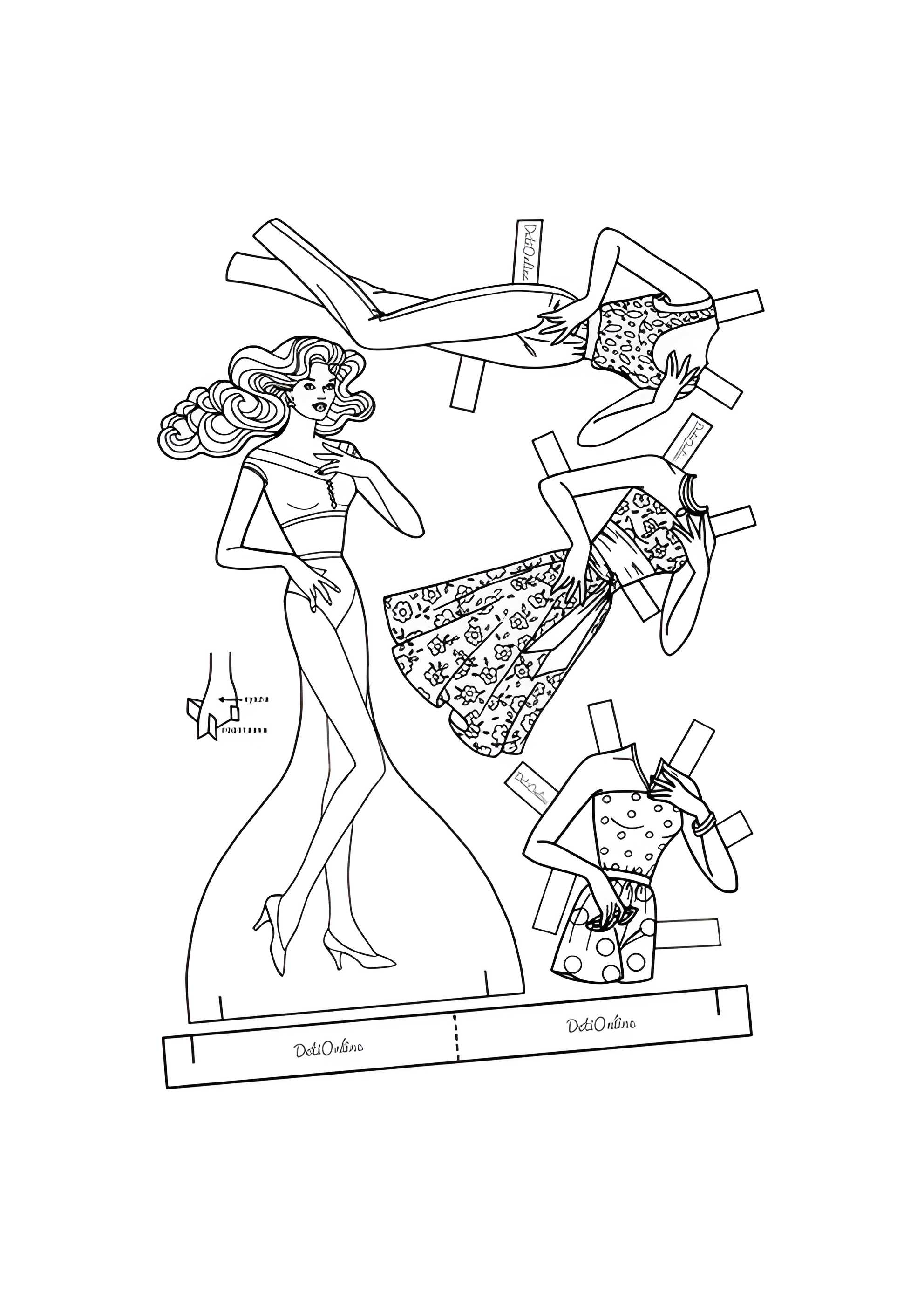 Раскраска Бумажная кукла Барби с набором одежды