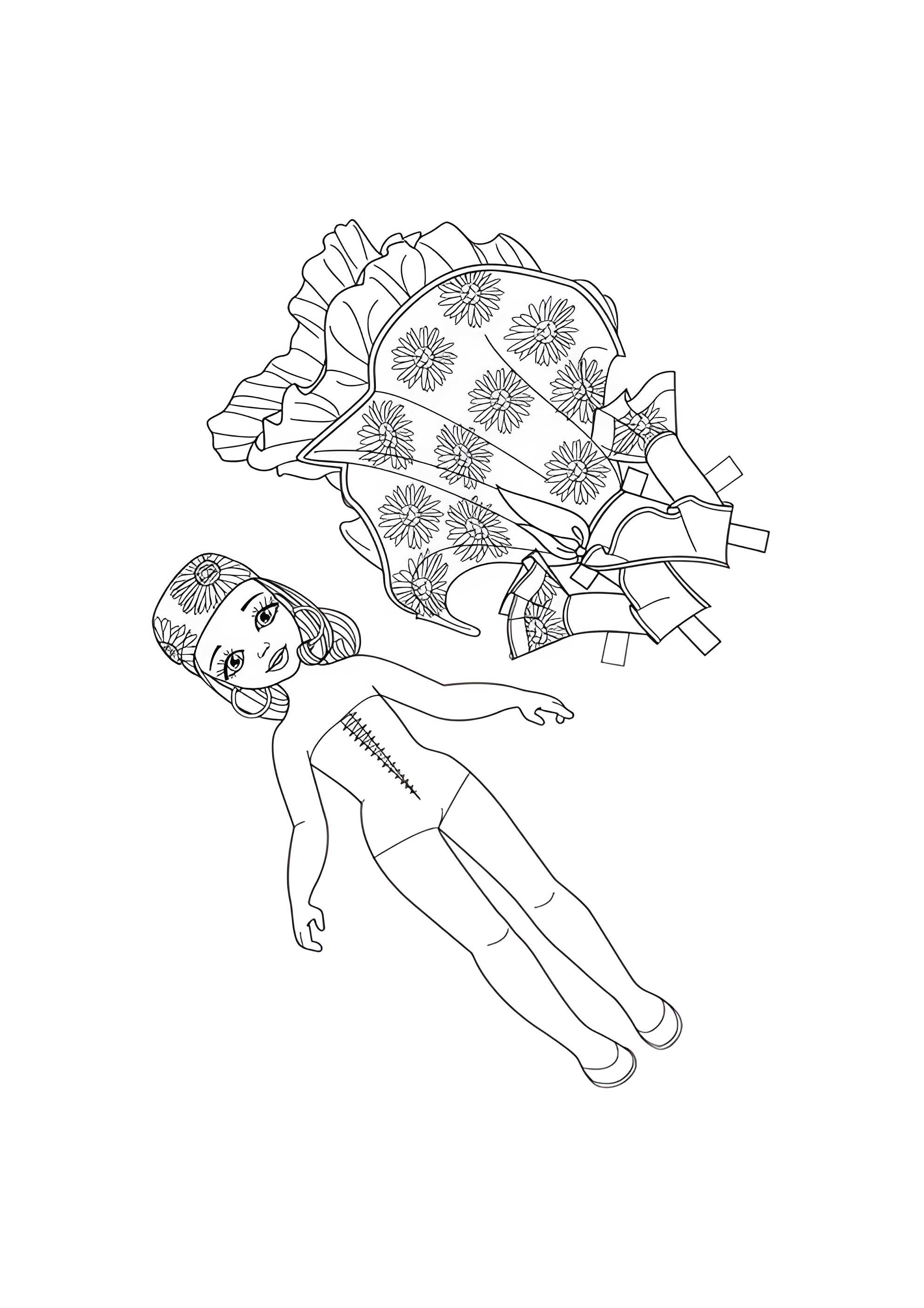 Раскраска Бумажная кукла девочка Эсмеральда в костюме цыганки