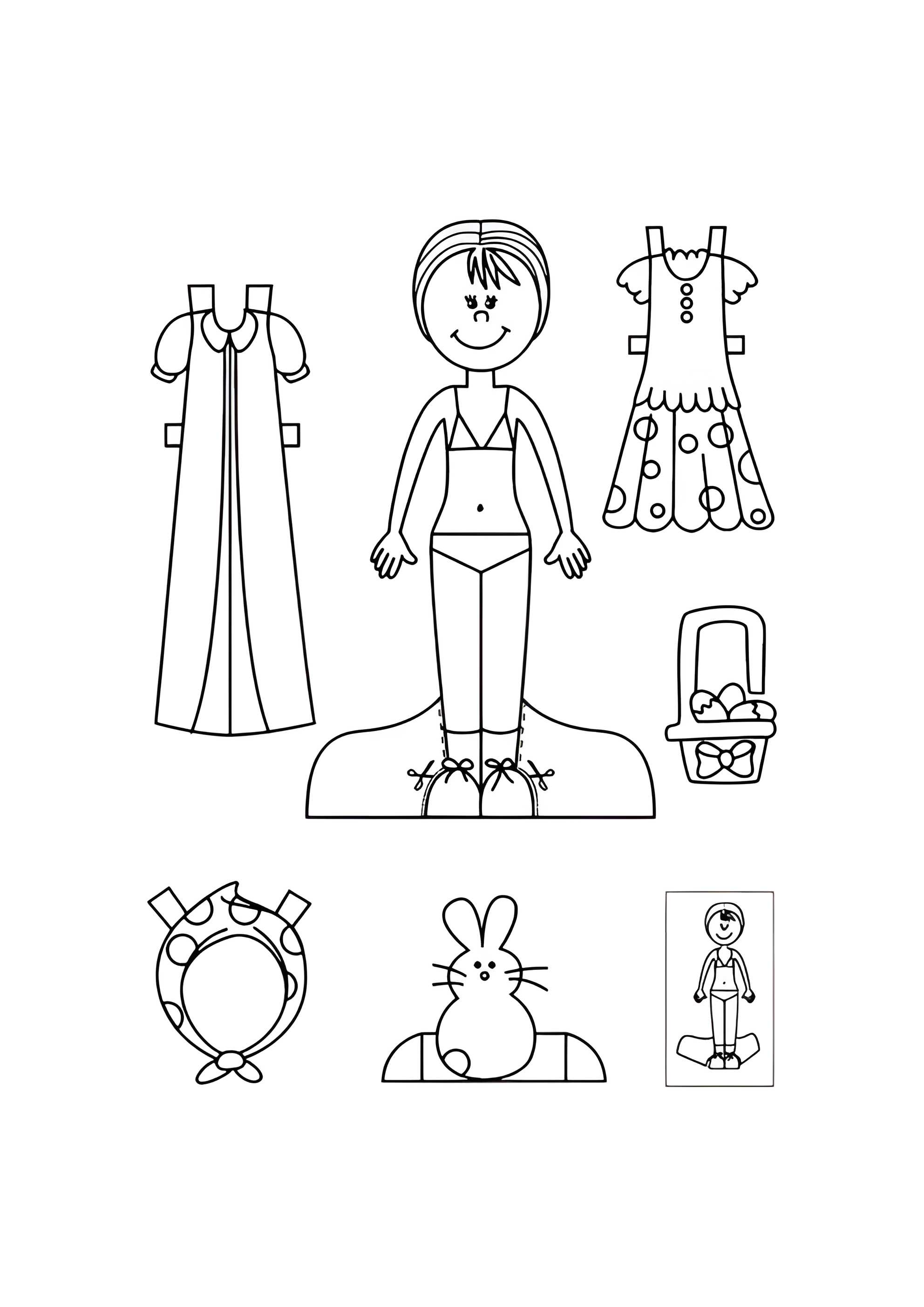 Раскраска Бумажная кукла для малышей Алёнка с кроликом