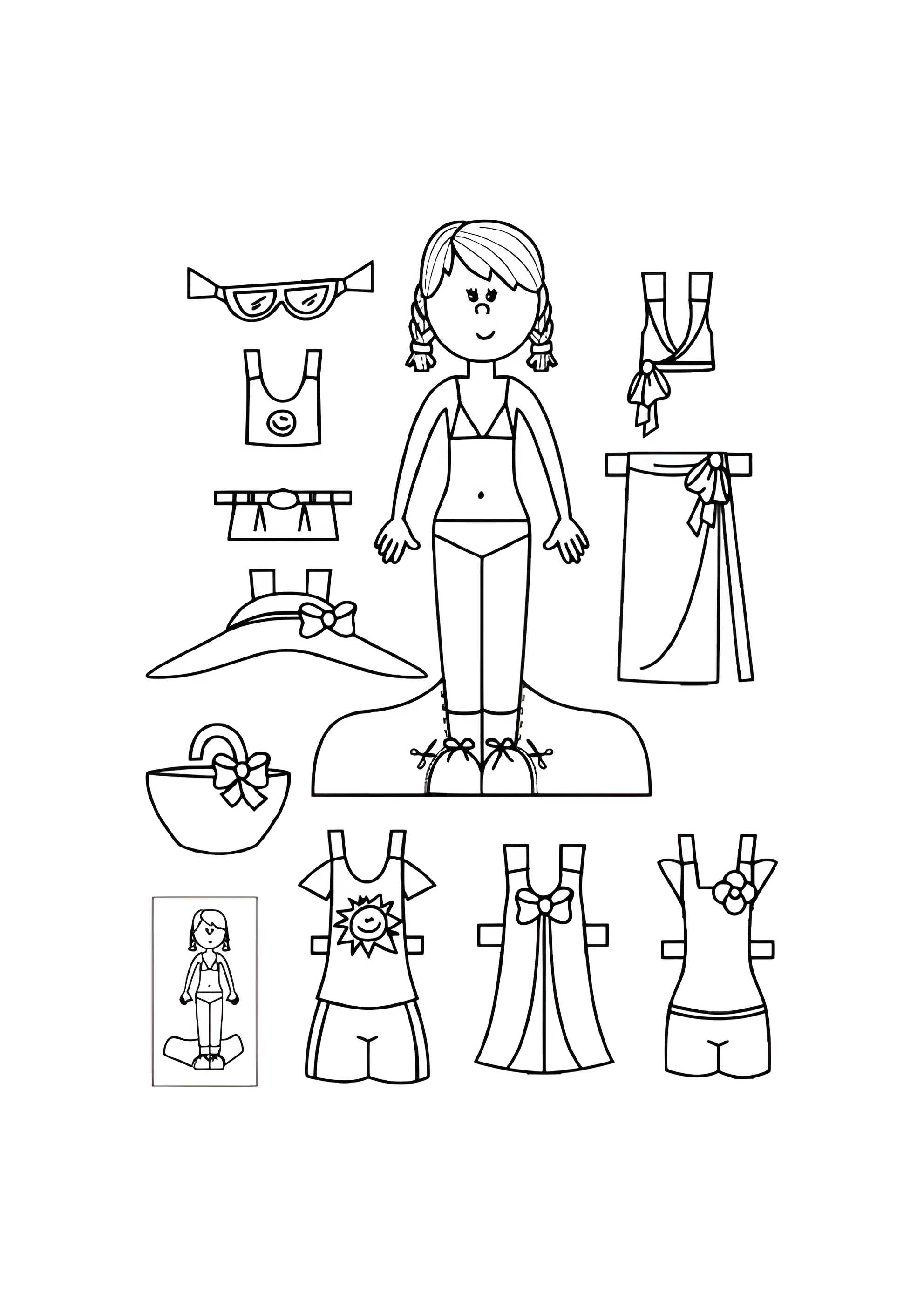 Раскраска Бумажная кукла для малышей Анюта с корзинкой