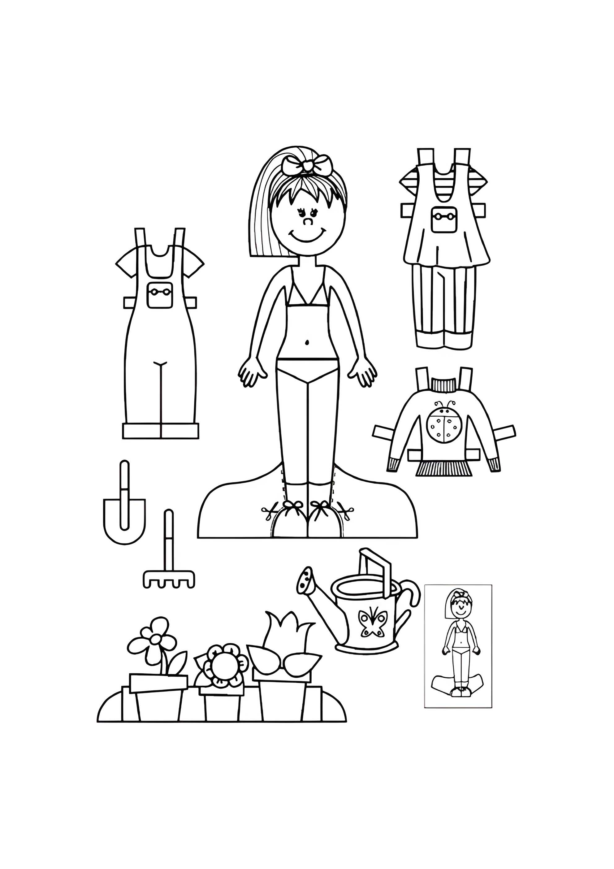 Раскраска Бумажная кукла для малышей Диана с лейкой