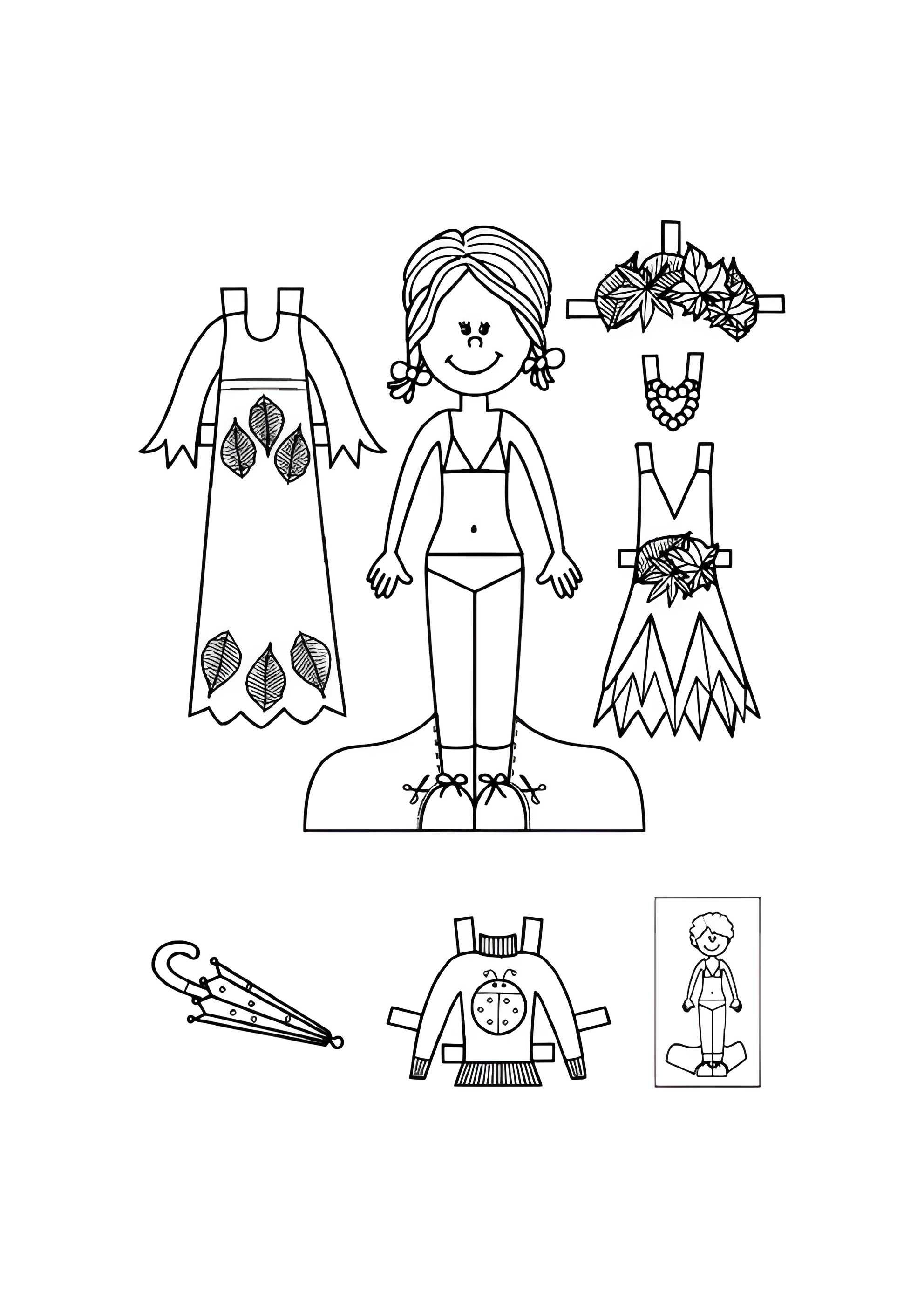 Раскраска Бумажная кукла для малышей Катя с осенними нарядами
