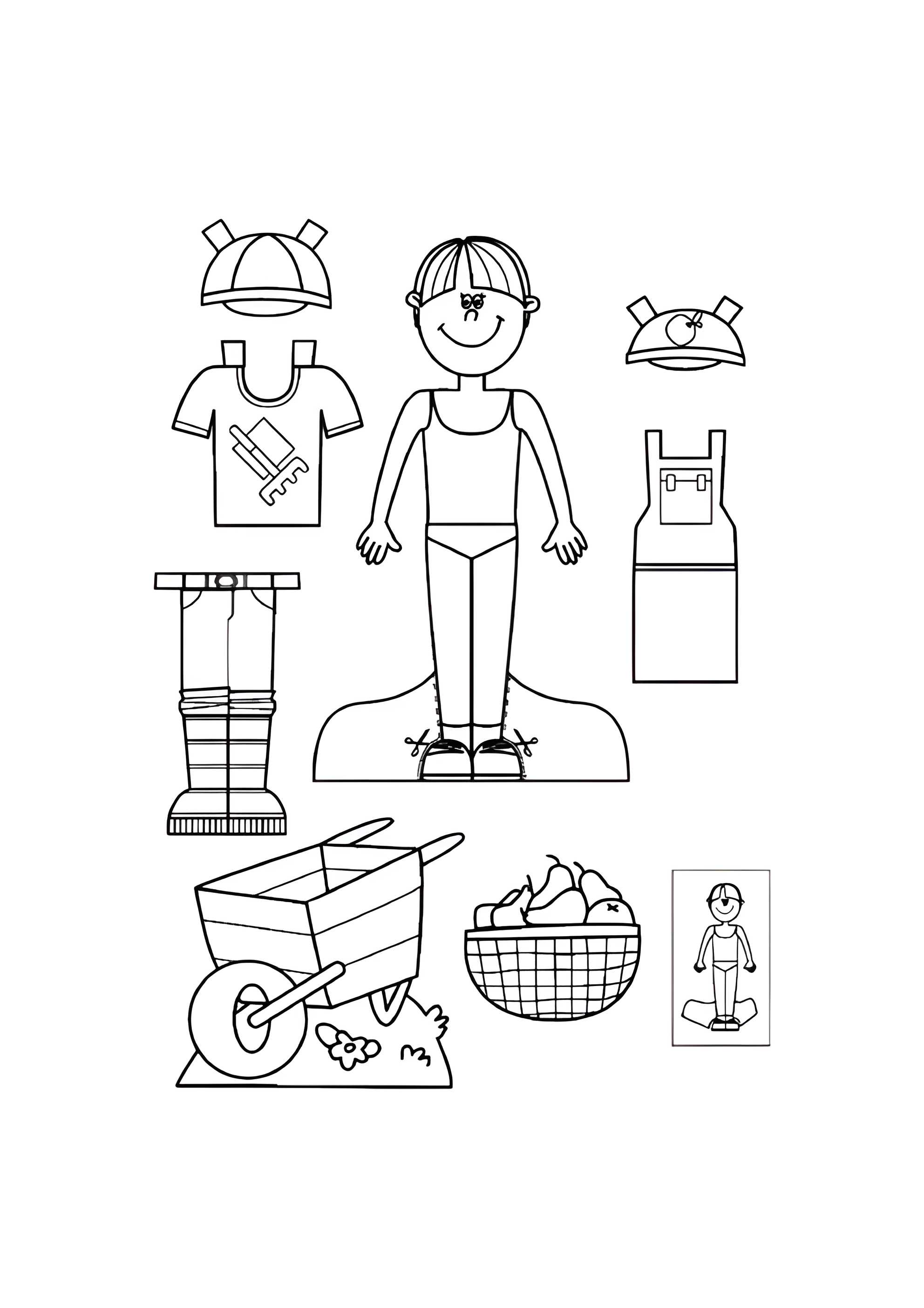 Раскраска Бумажная кукла для малышей мальчик Миша с тележкой