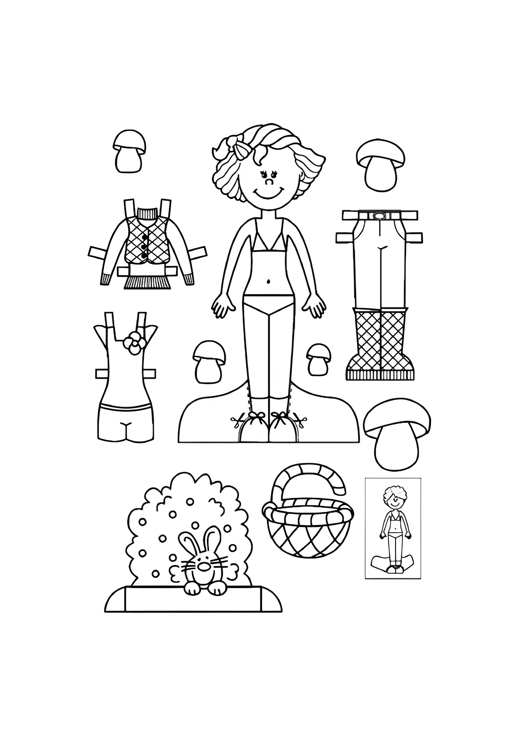 Раскраска Бумажная кукла для малышей Мила с зайчиком и грибами