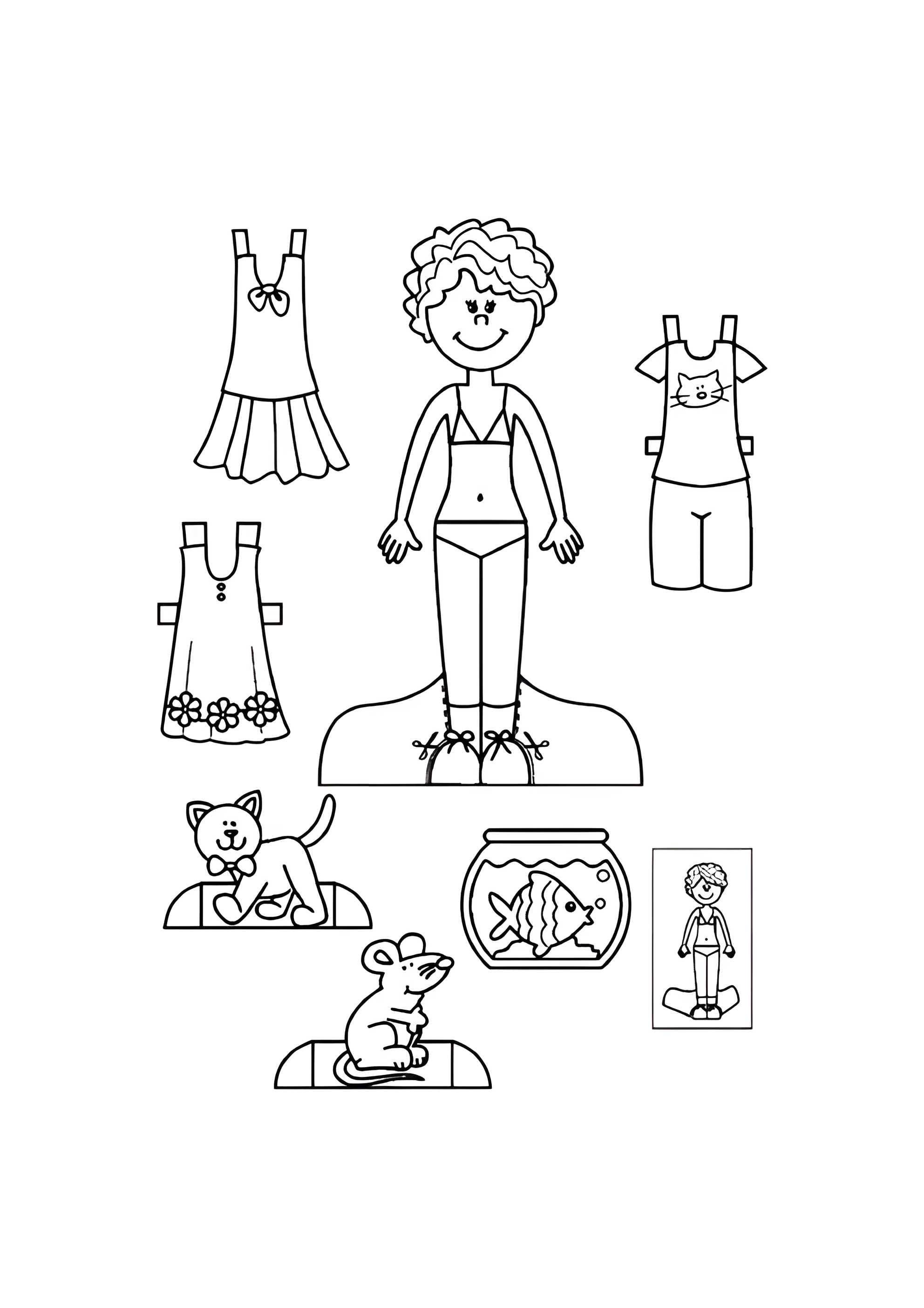 Раскраска Бумажная кукла для малышей Рита с питомцами