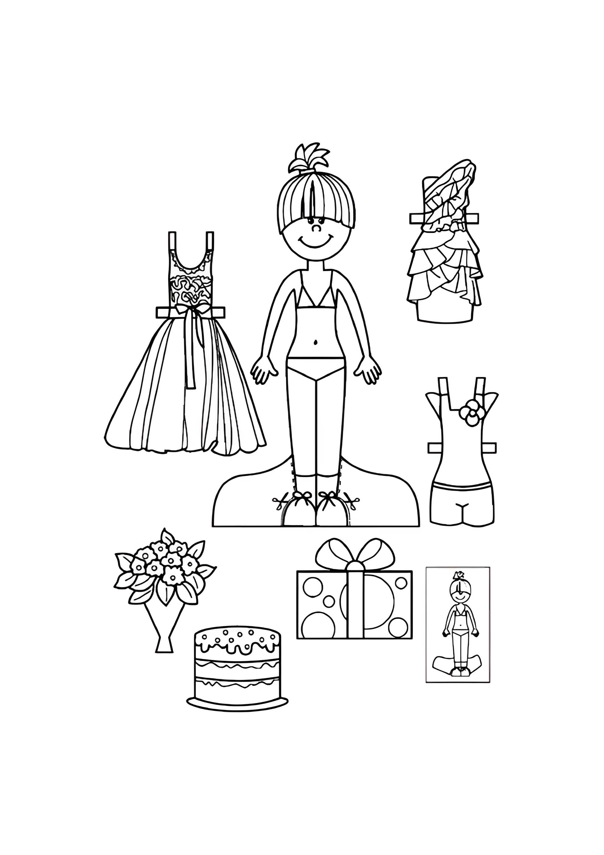 Раскраска Бумажная кукла для малышей Вера с подарками
