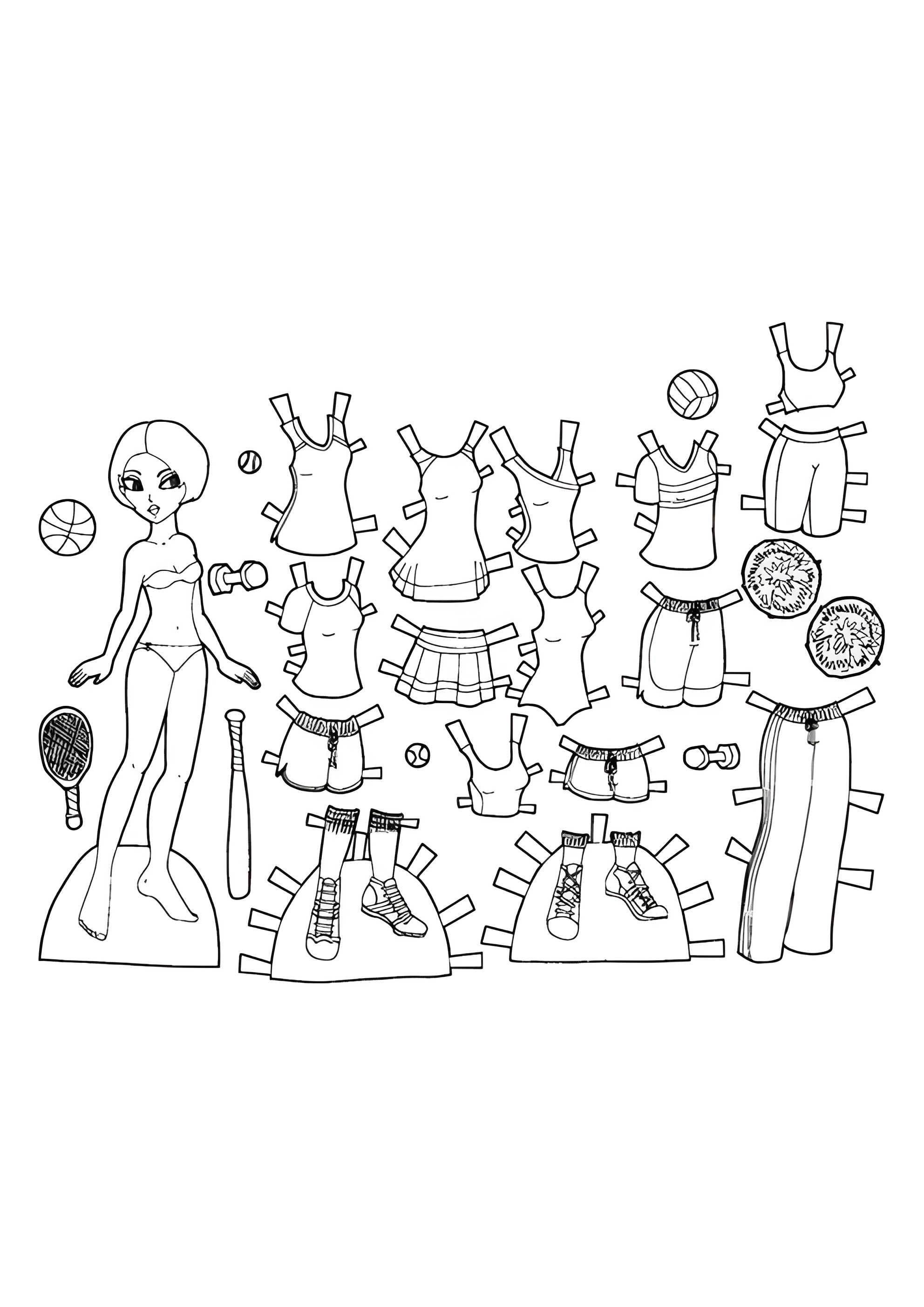 Раскраска Бумажная кукла для вырезания со споротивной одеждой