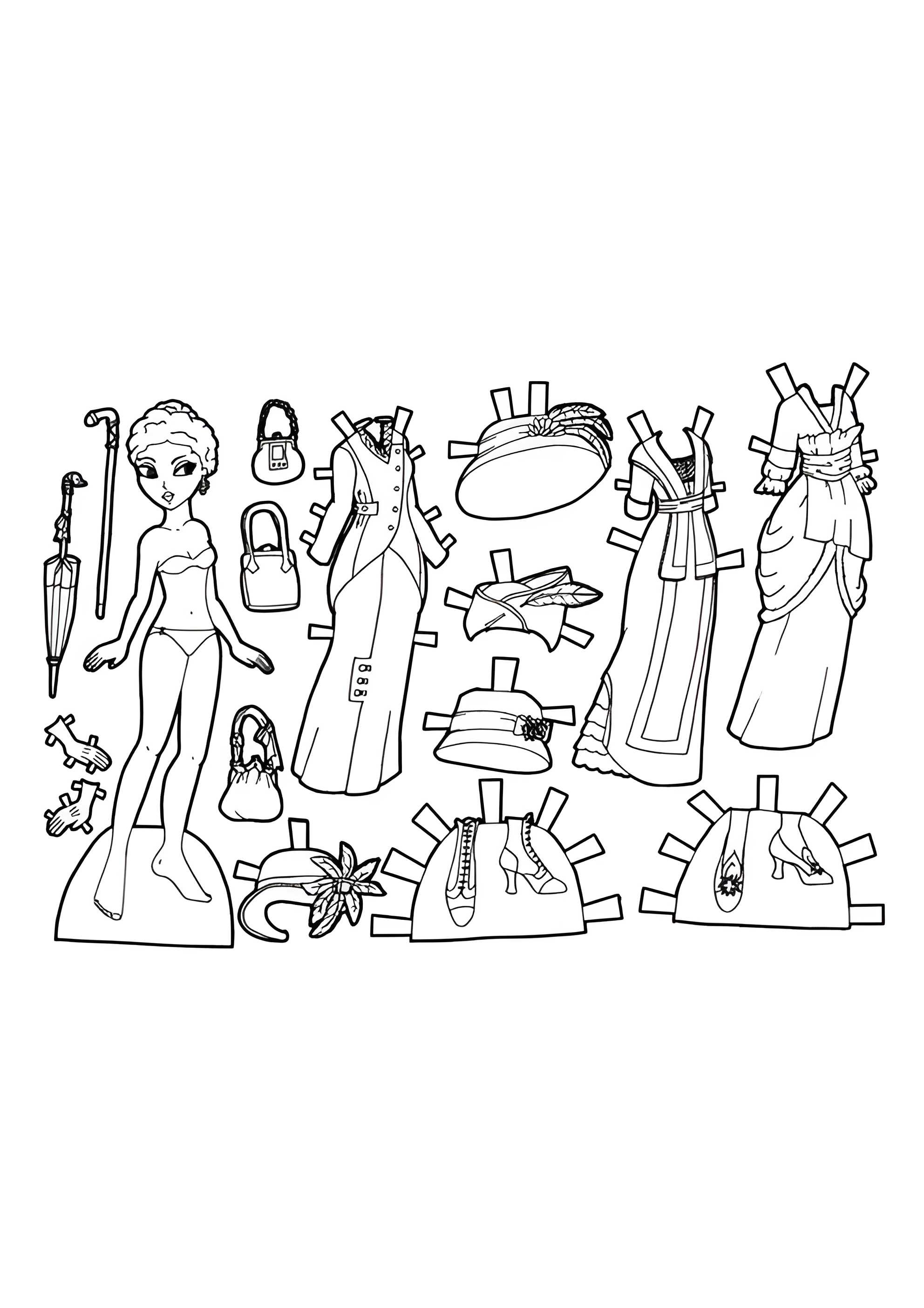 Раскраска Бумажная кукла для вырезания со старомодными нарядами