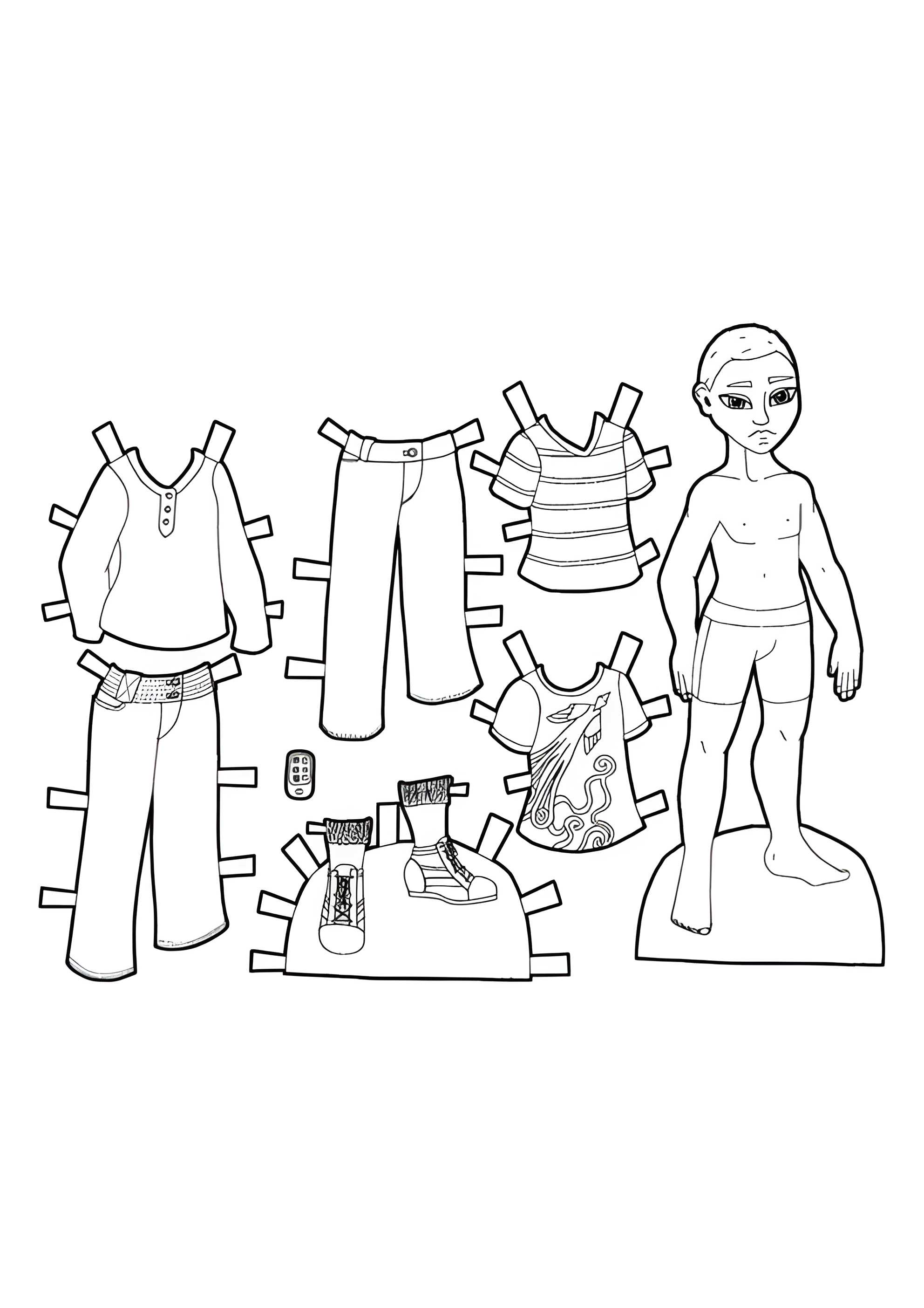 Раскраска Бумажная кукла мальчик с одеждой для вырезания