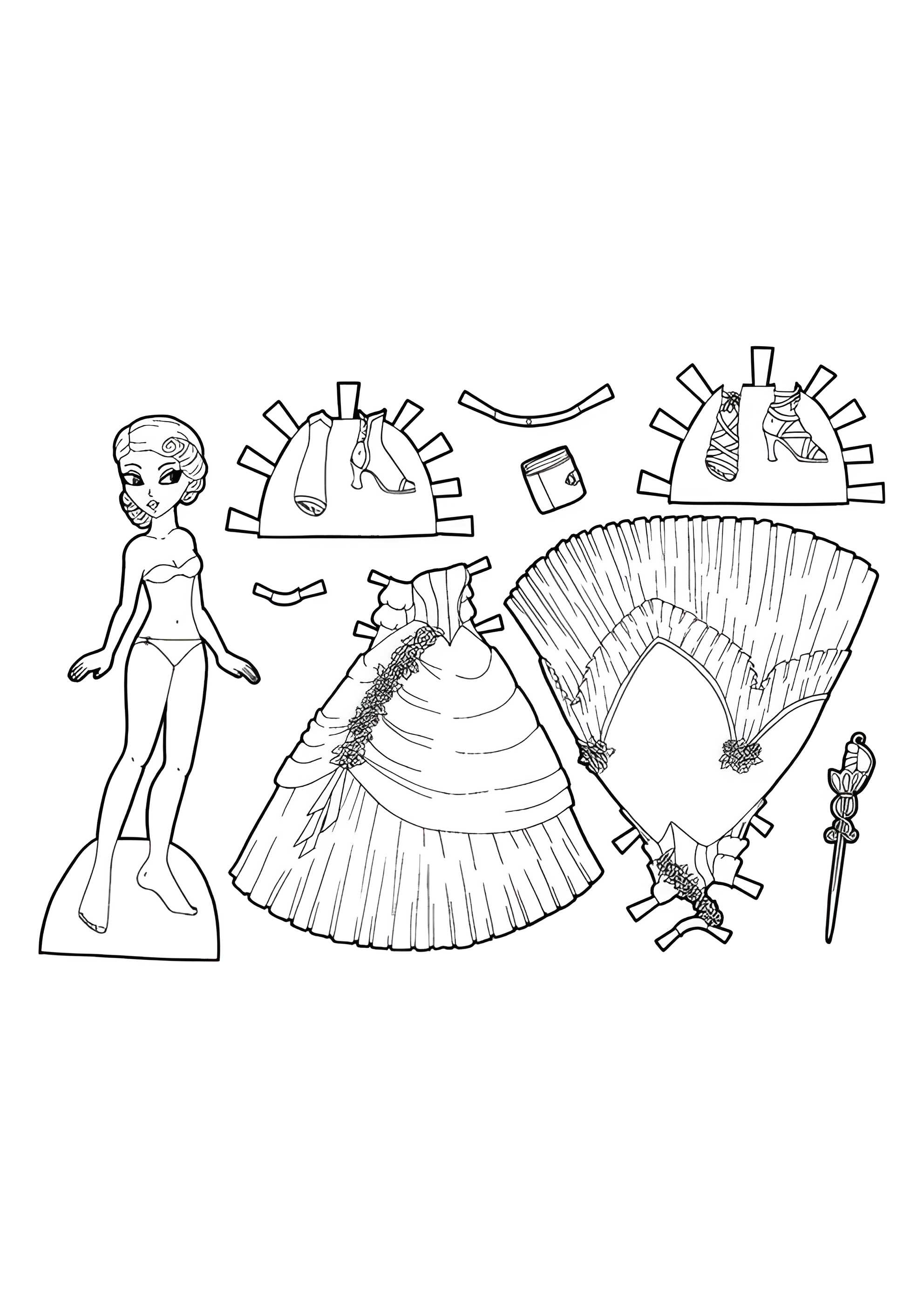 Раскраска Бумажная кукла с бальными платьями