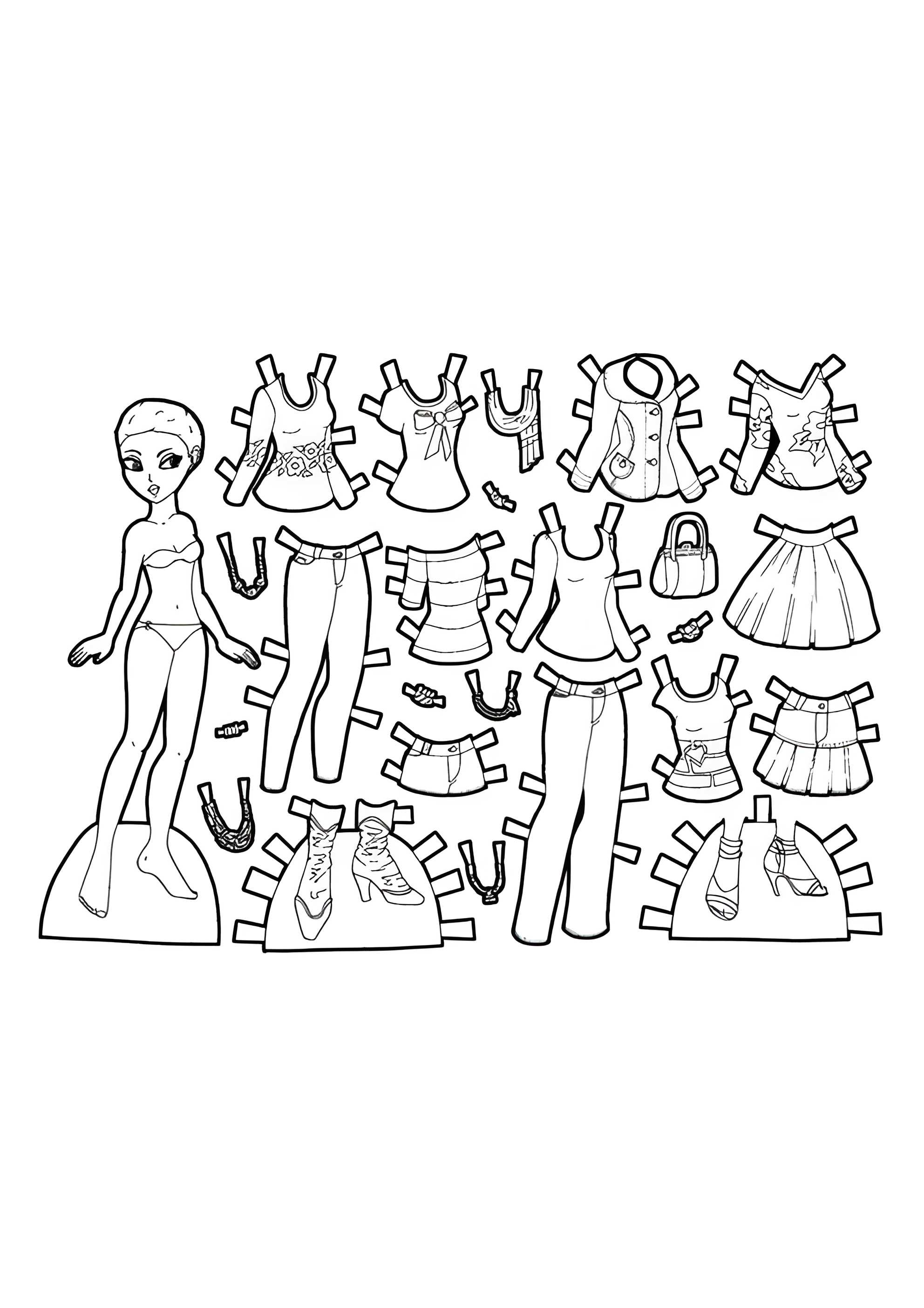 Раскраска Бумажная кукла с джинсовой одеждой, сердечками и бантами