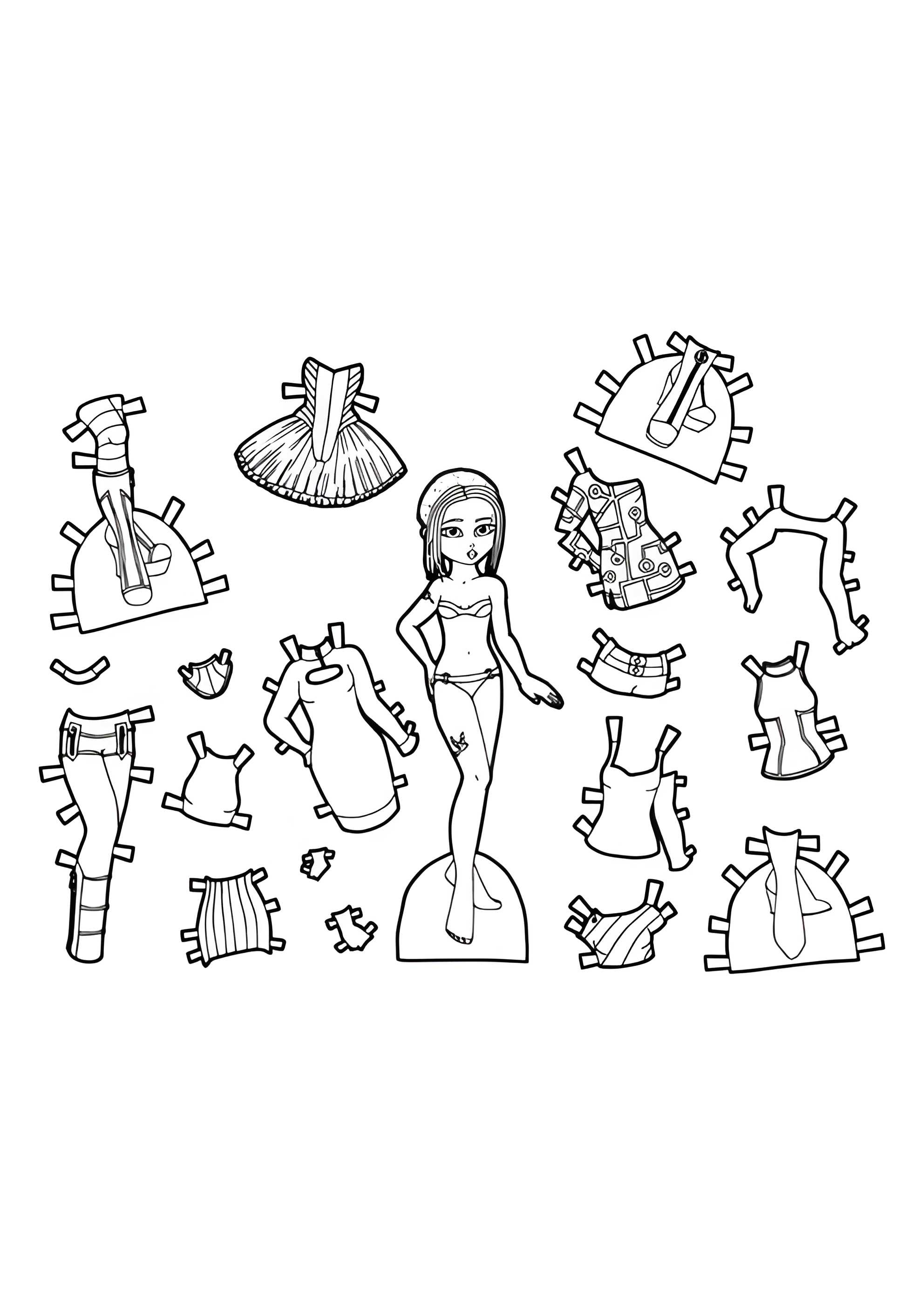 Раскраска Бумажная кукла с футуристичной одеждой для вырезания
