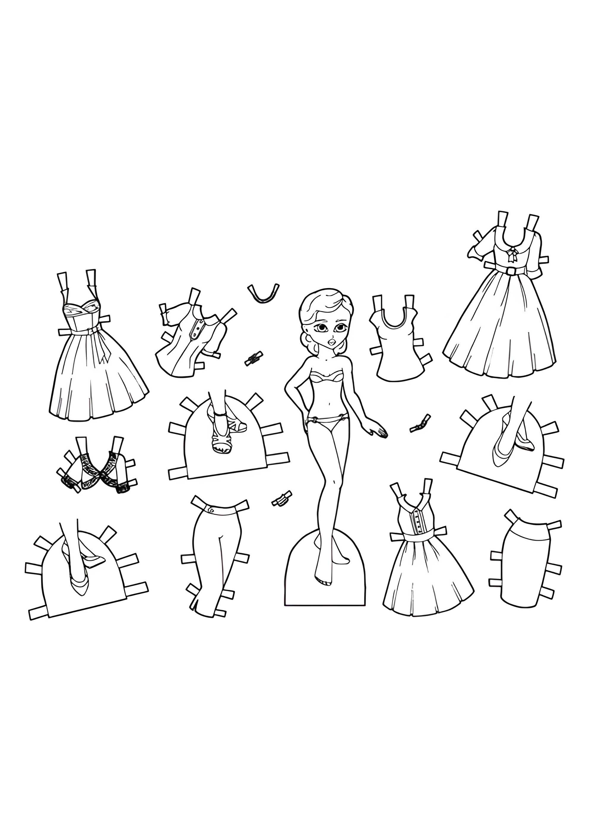 Раскраска Бумажная кукла с красивыми платьями для вырезания