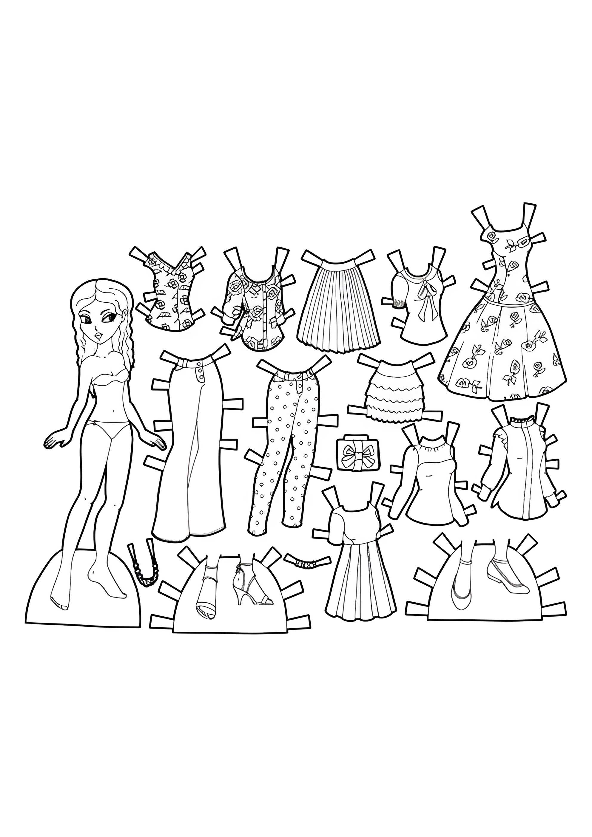 Раскраска Бумажная кукла с летней одеждой
