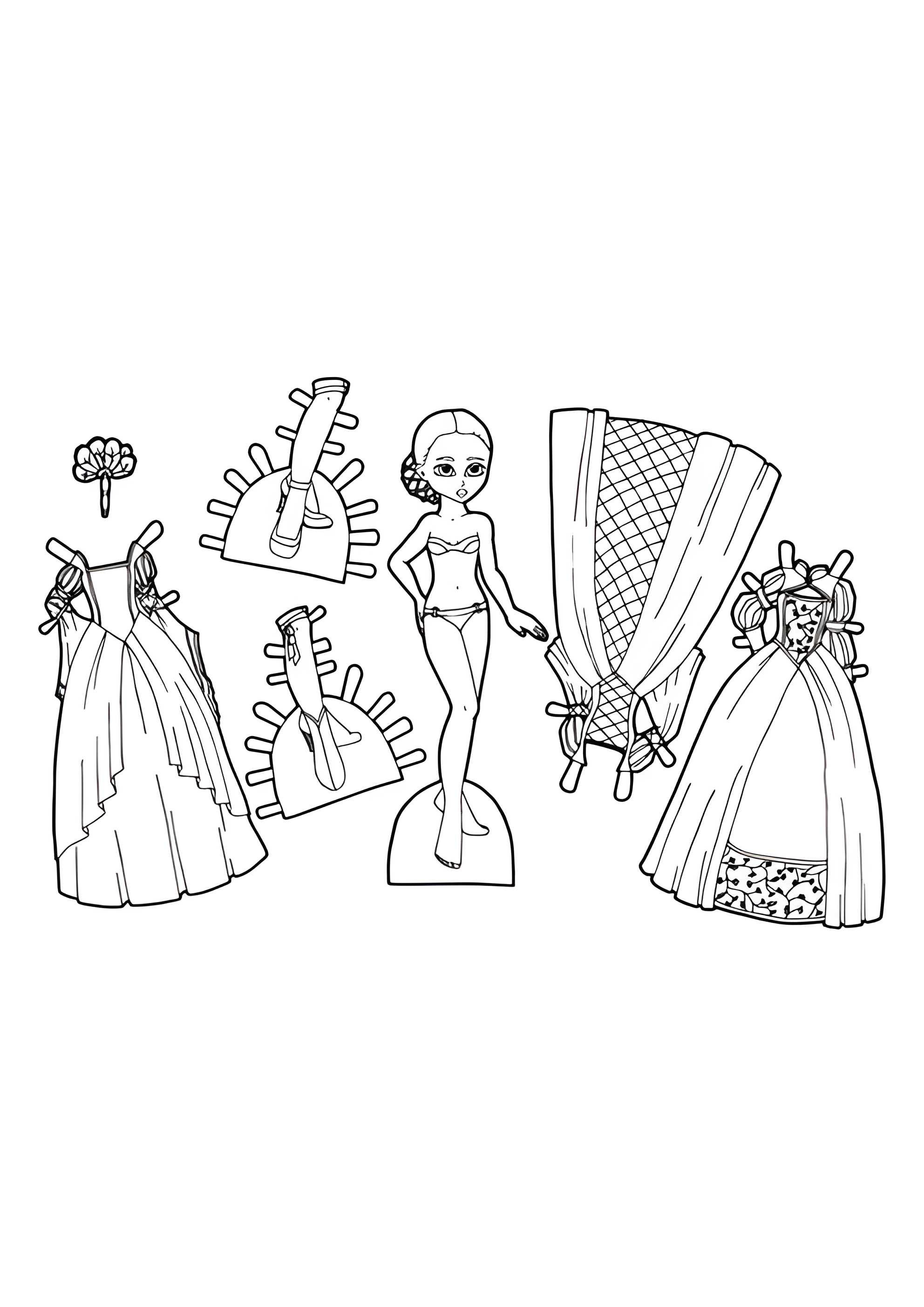 Раскраска Бумажная кукла с набором бальных платьев