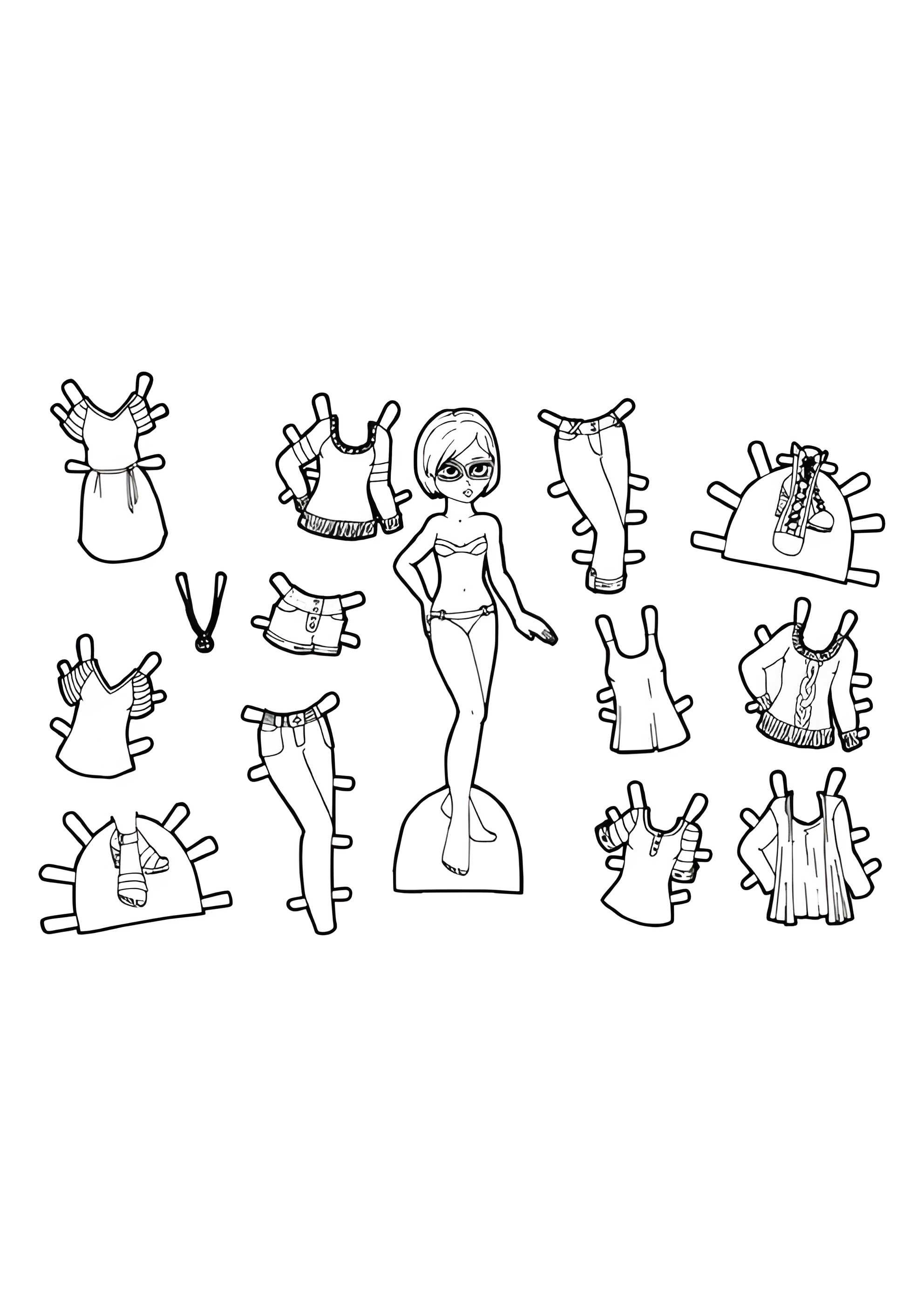 Раскраска Бумажная кукла с набором осенней одежды