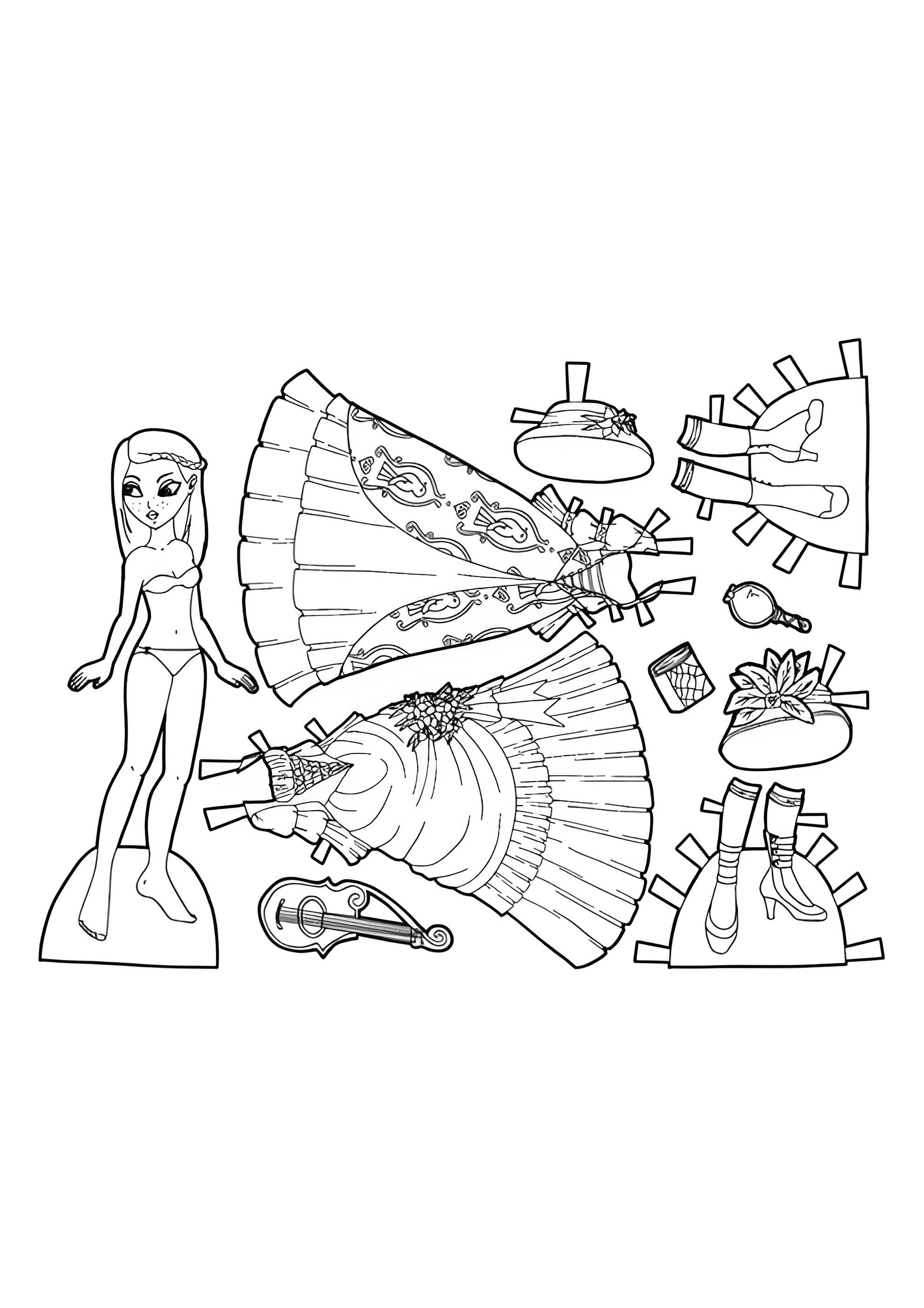 Раскраска Бумажная кукла с нарядными платьями