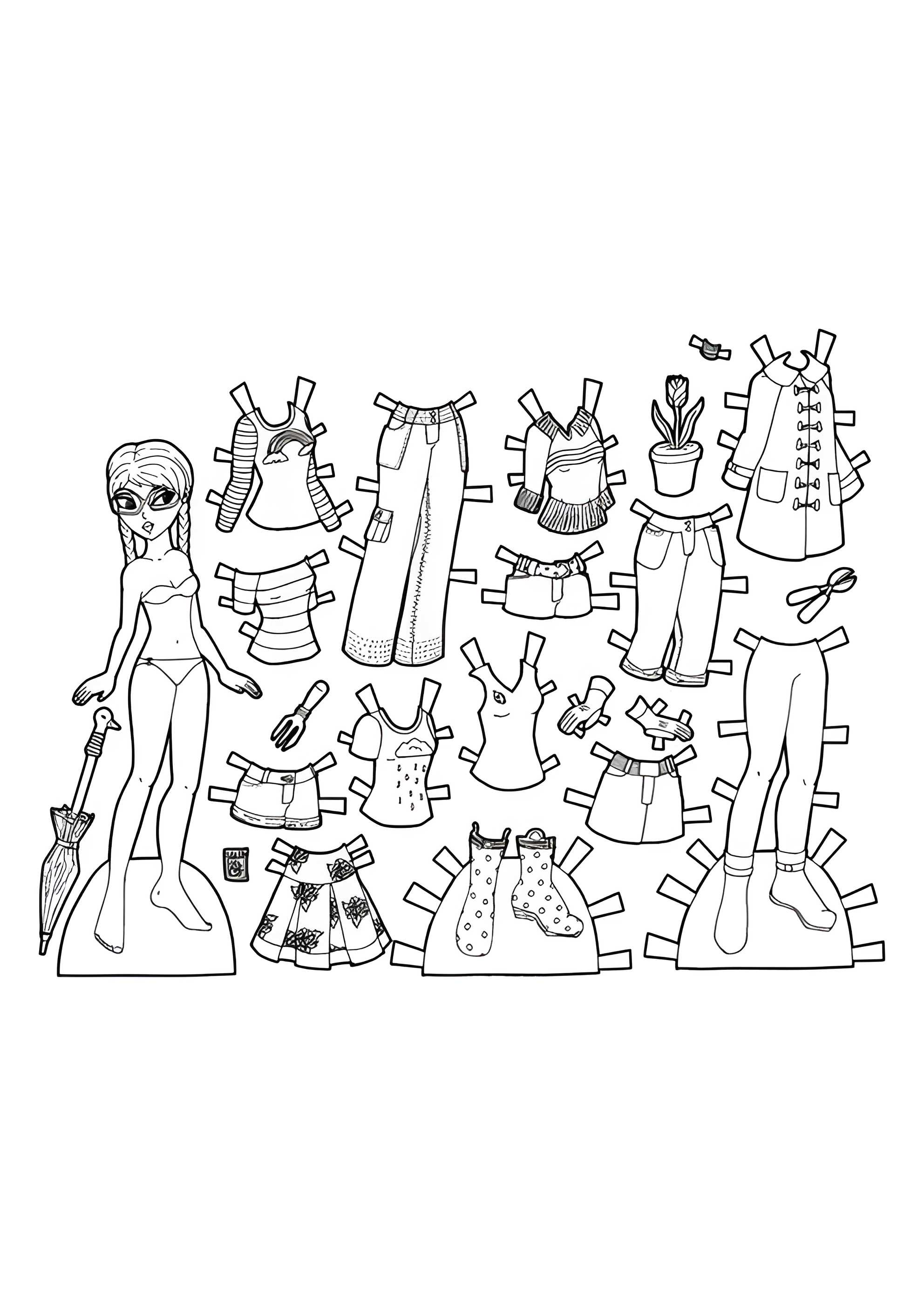 Раскраска Бумажная кукла с одеждой для дождливой погоды