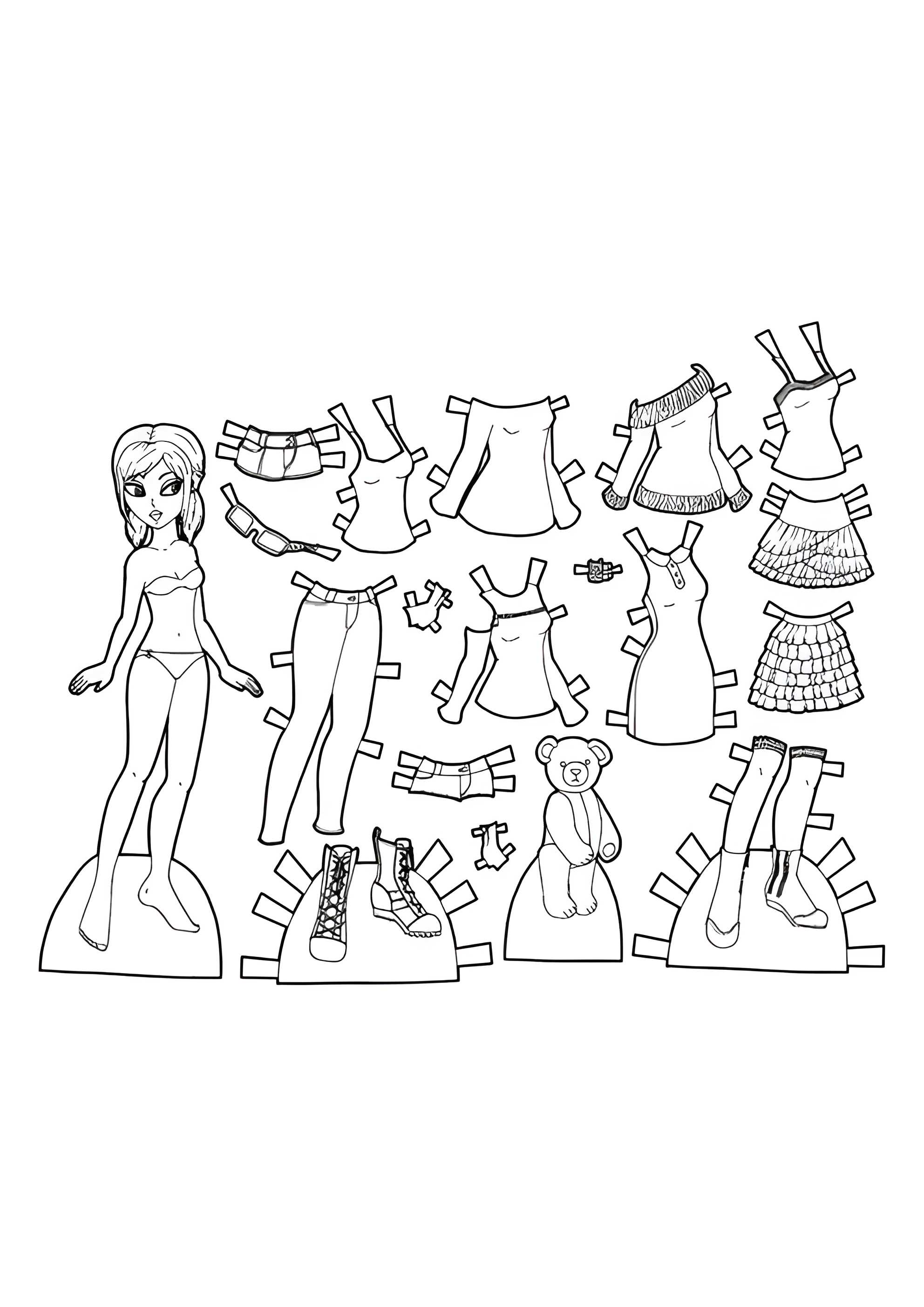 Раскраска Бумажная кукла с одеждой для вырезания с оборками и молниями