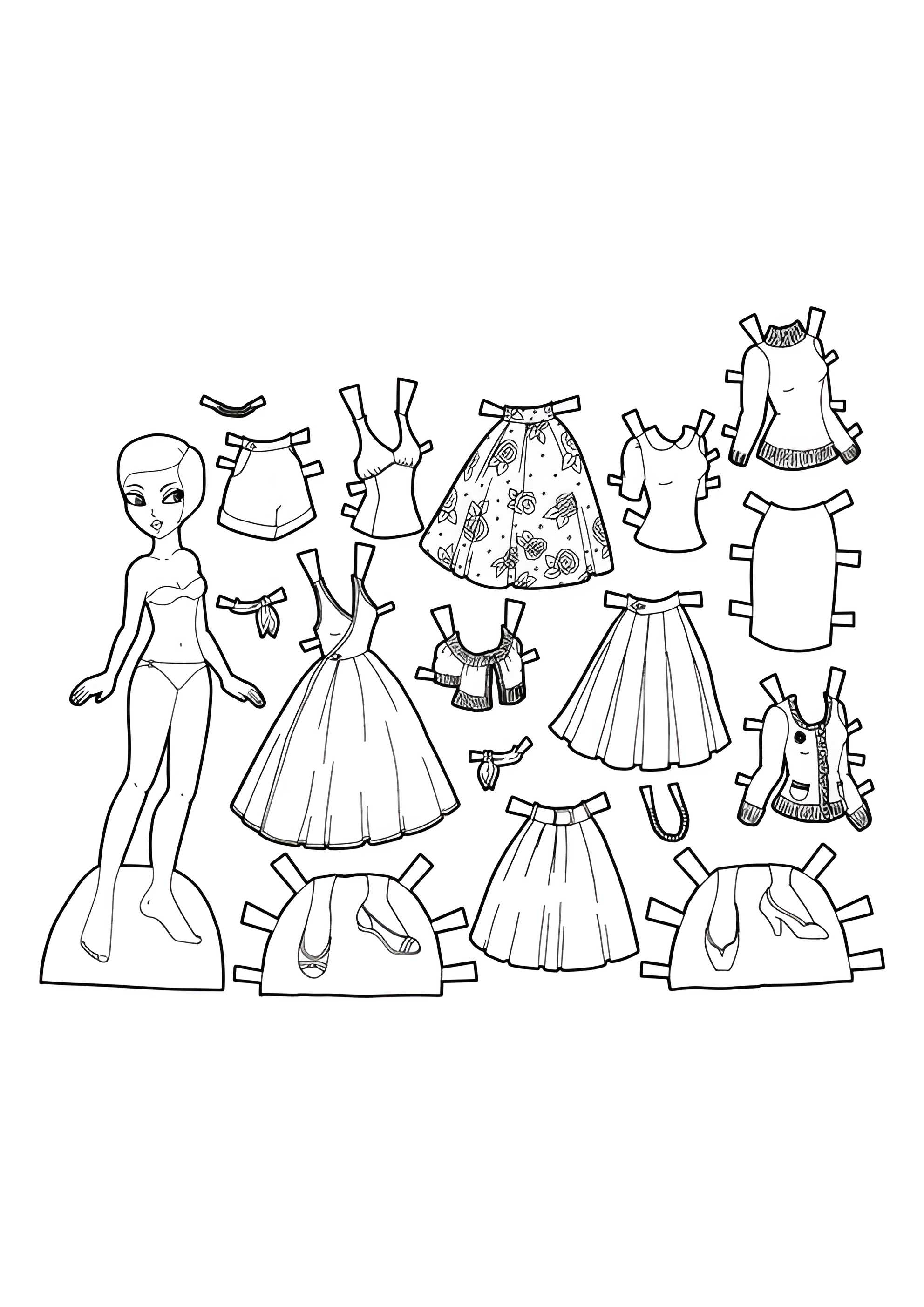 Раскраска Бумажная кукла с одеждой для вырезания с розами