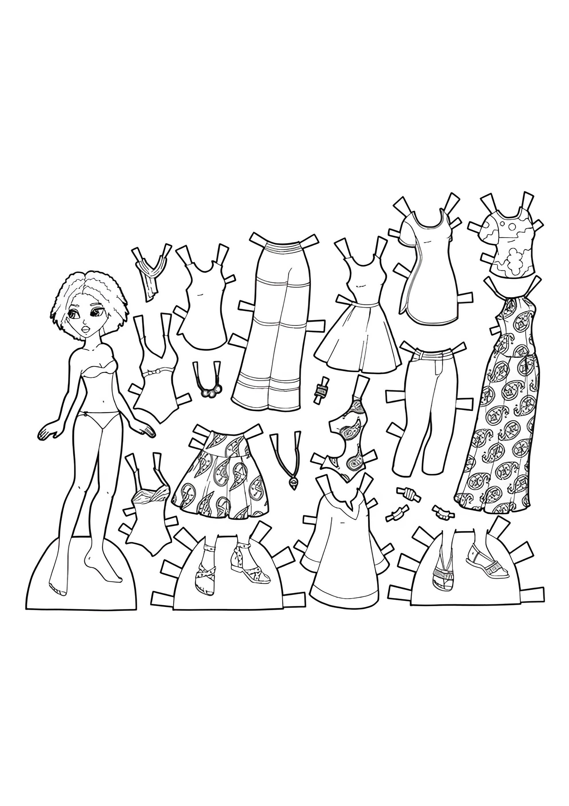 Раскраска Бумажная кукла с одеждой для вырезания с узорами пейсли