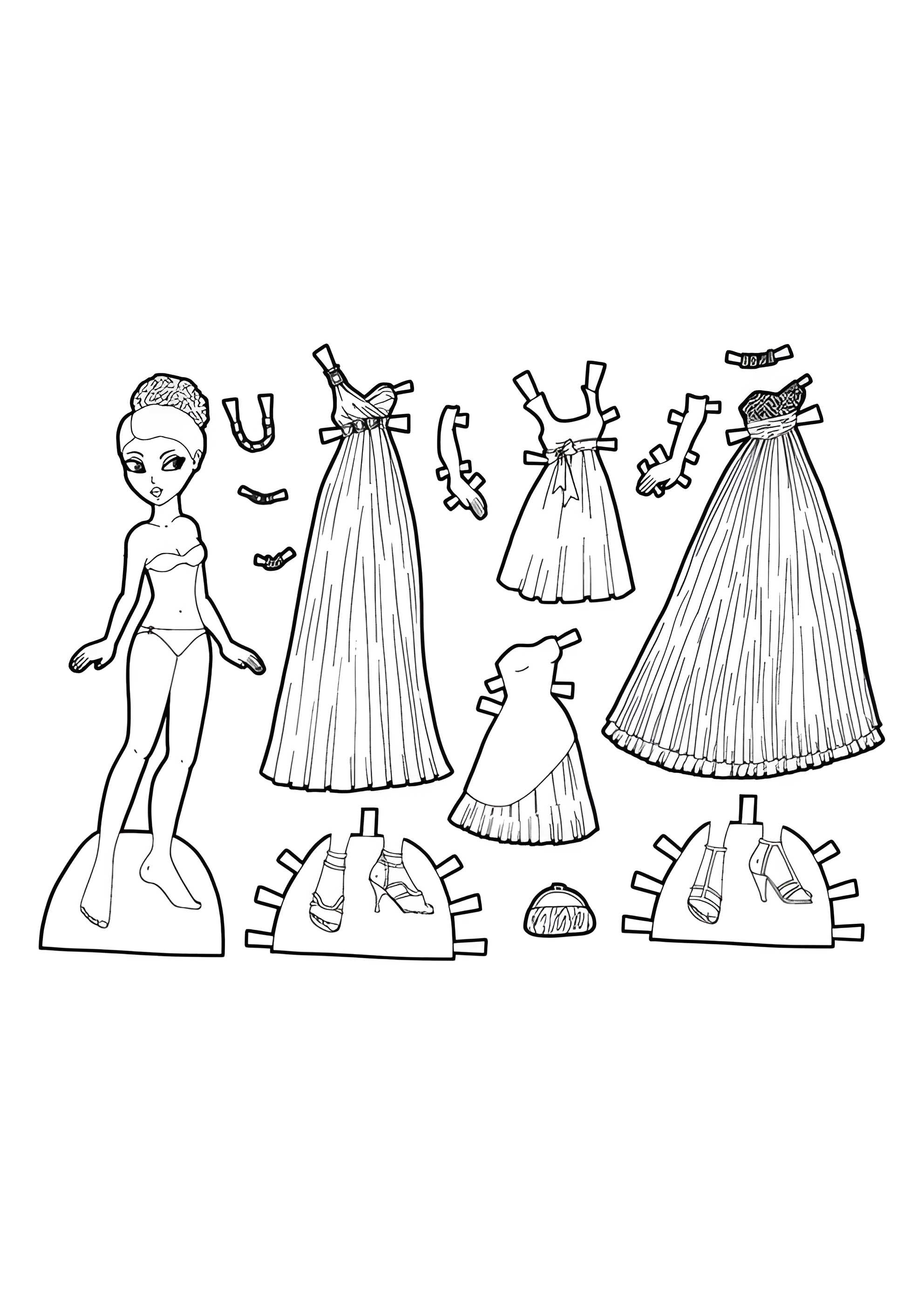Раскраска Бумажная кукла с одеждой и драгоценностями