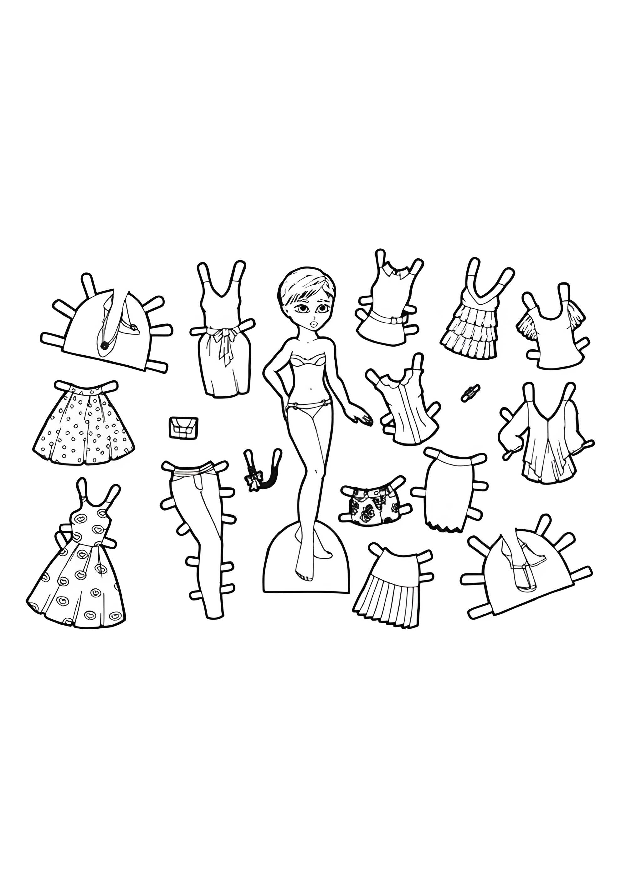Раскраска Бумажная кукла с одеждой с рюшами и бантиками