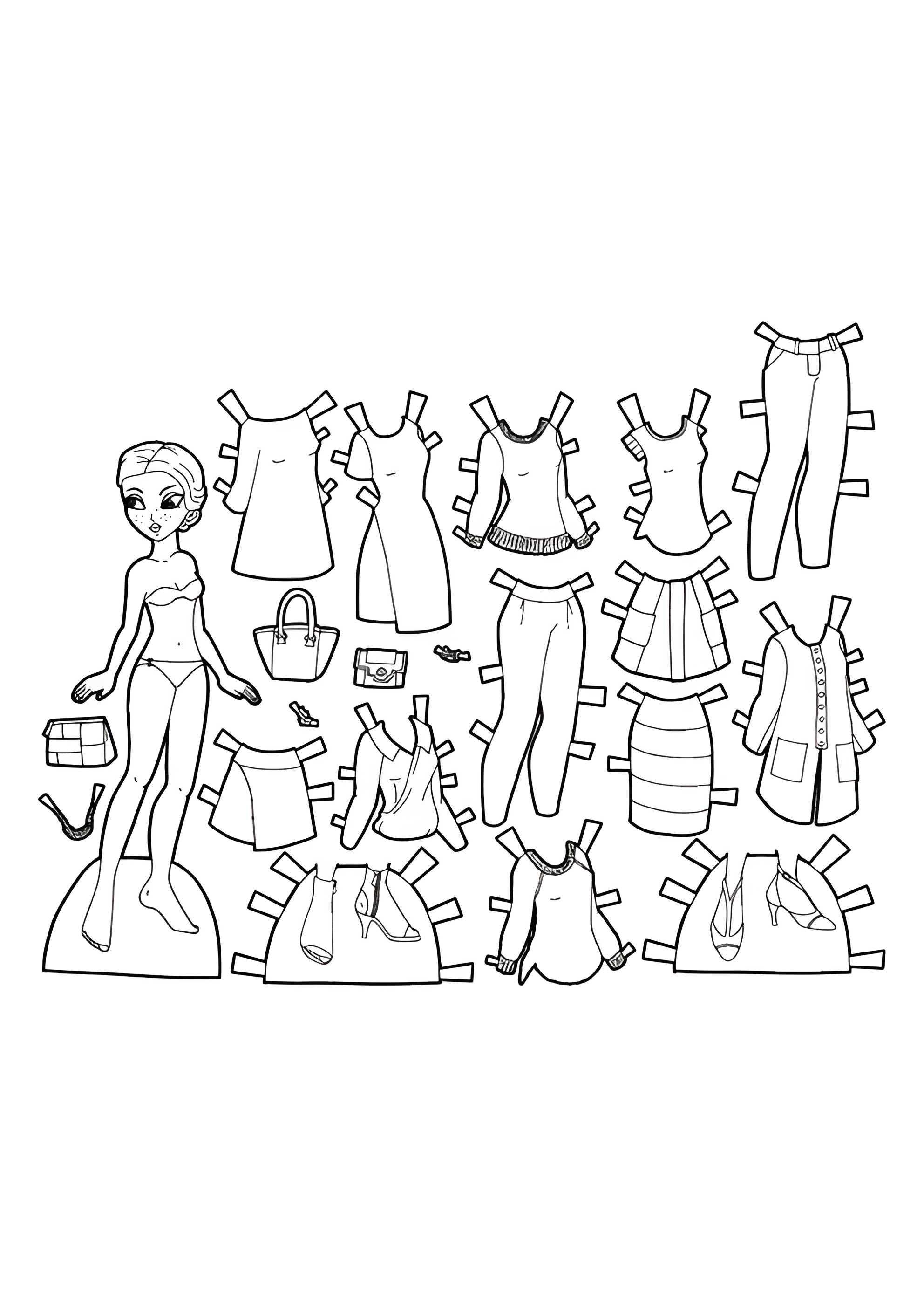 Раскраска Бумажная кукла с простыми и изящными нарядами