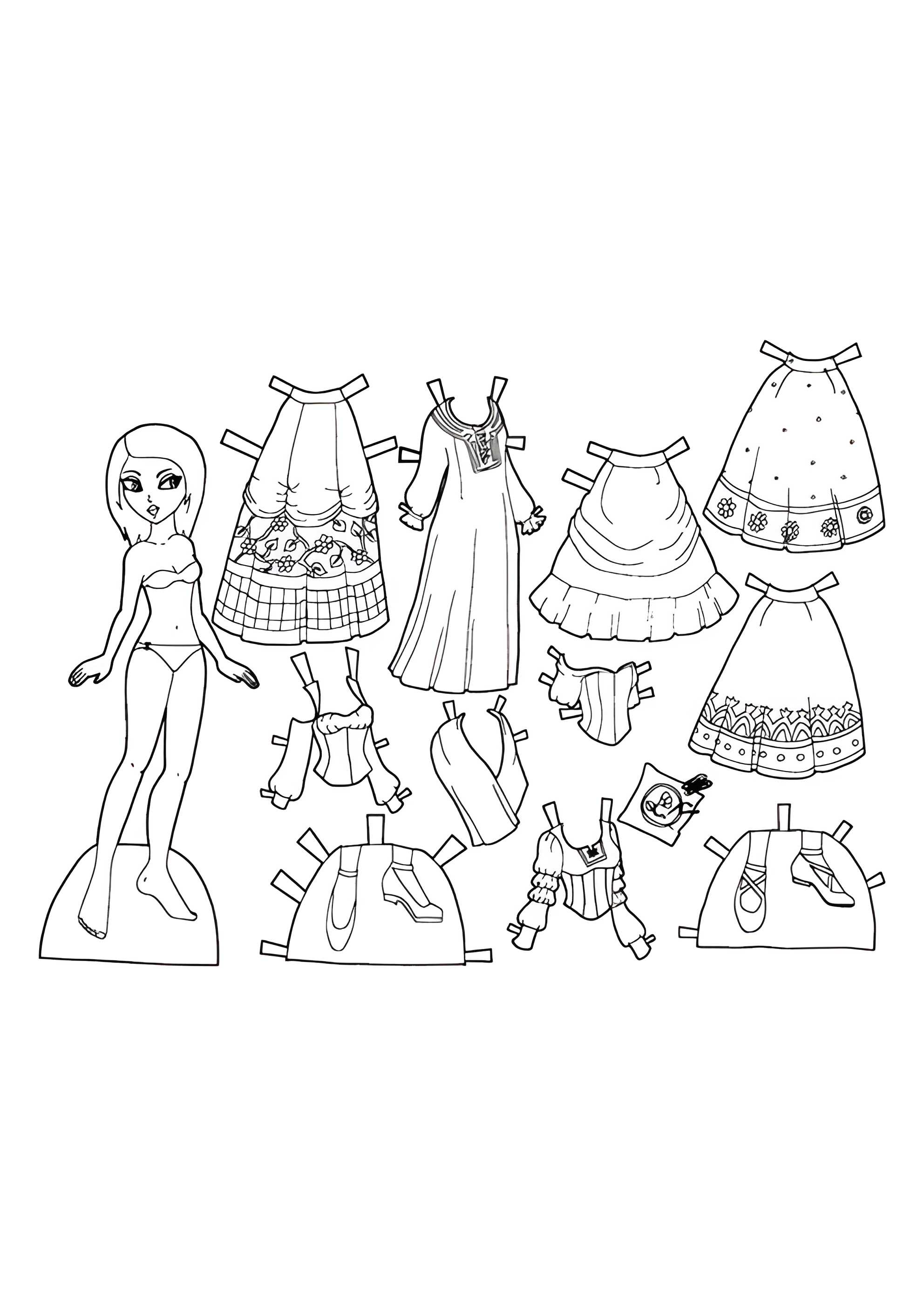 Раскраска Бумажная кукла со сказочной одеждой