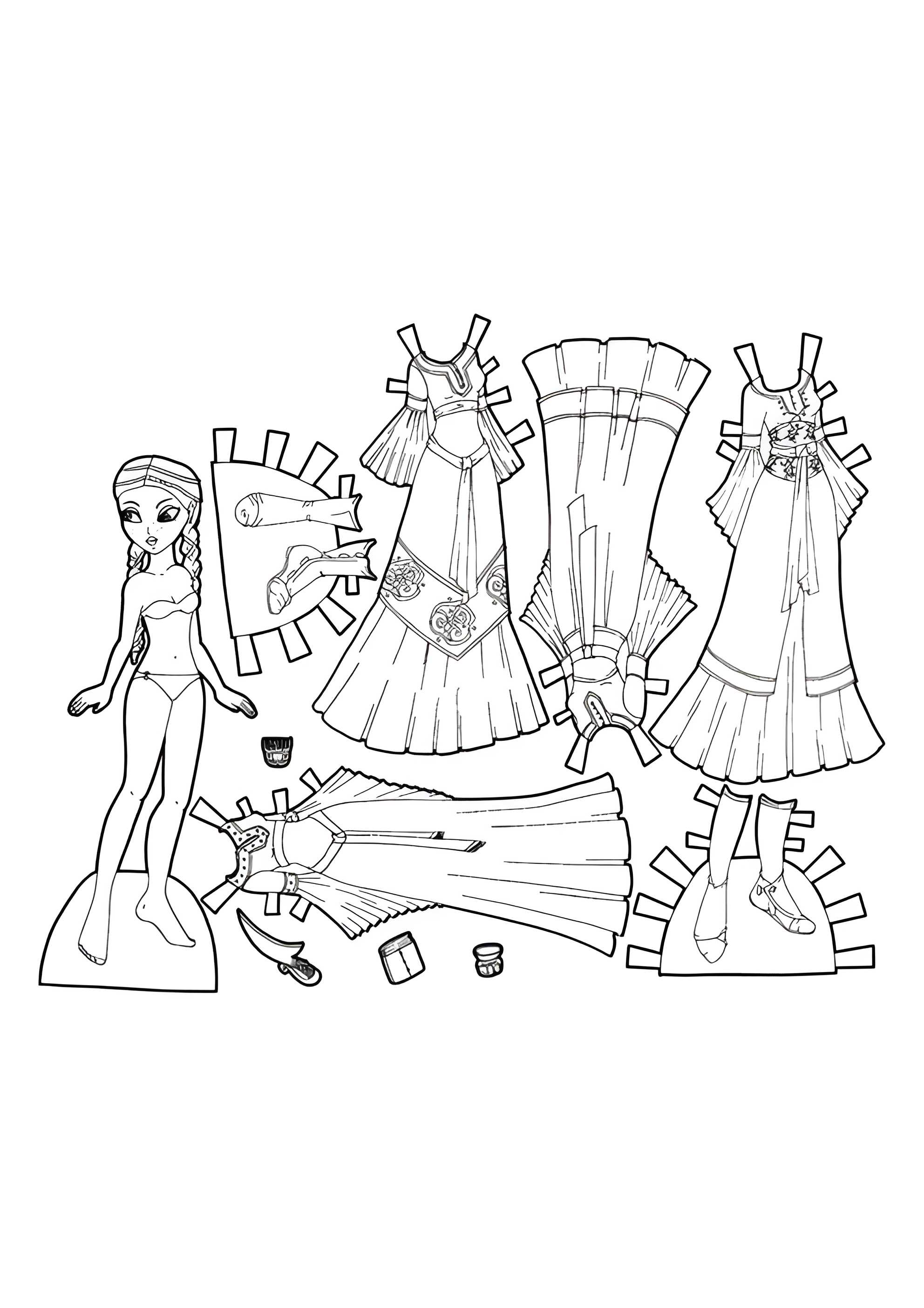 Раскраска Черно-белая бумажная кукла с древними платьями