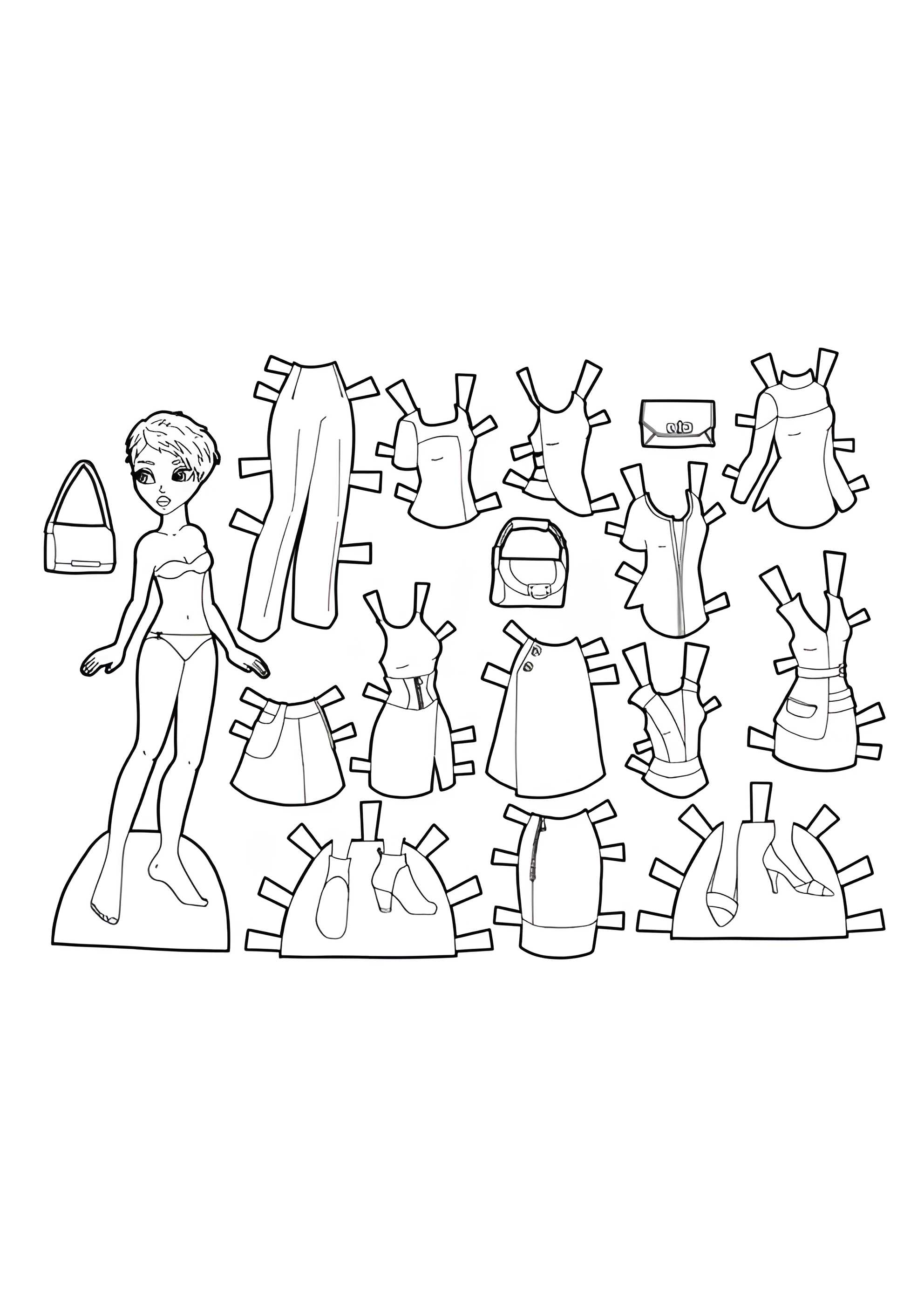 Раскраска Чёрно-белая бумажная кукла с элегантной одеждой