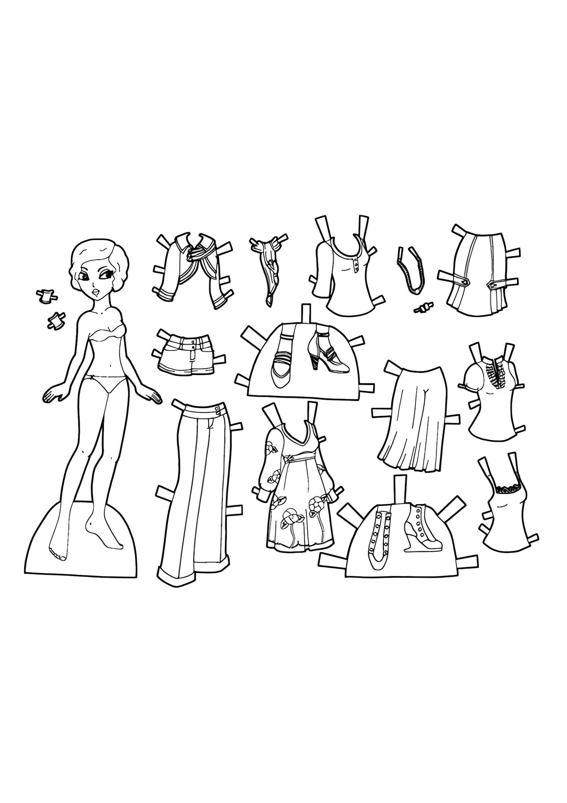 Раскраска Чёрно-белая бумажная кукла с модной одеждой