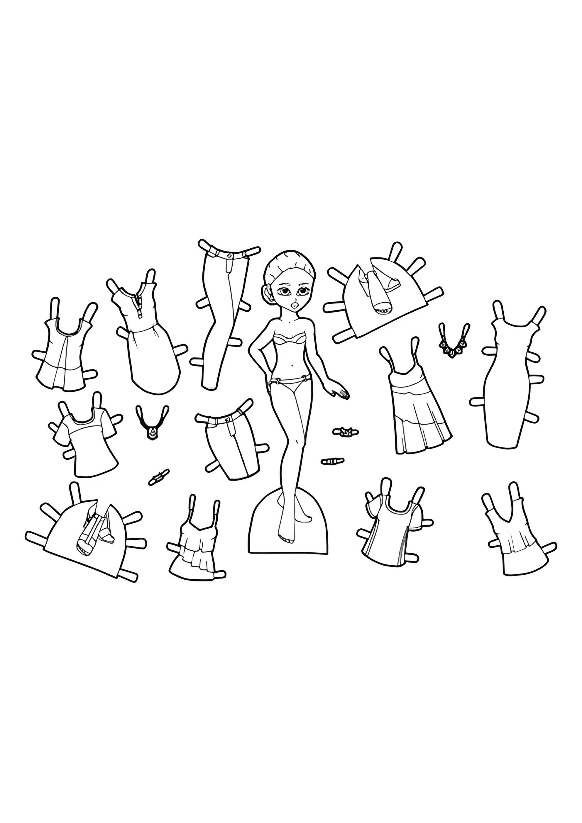 Раскраска Чёрно-белая бумажная кукла с набором модной одежды