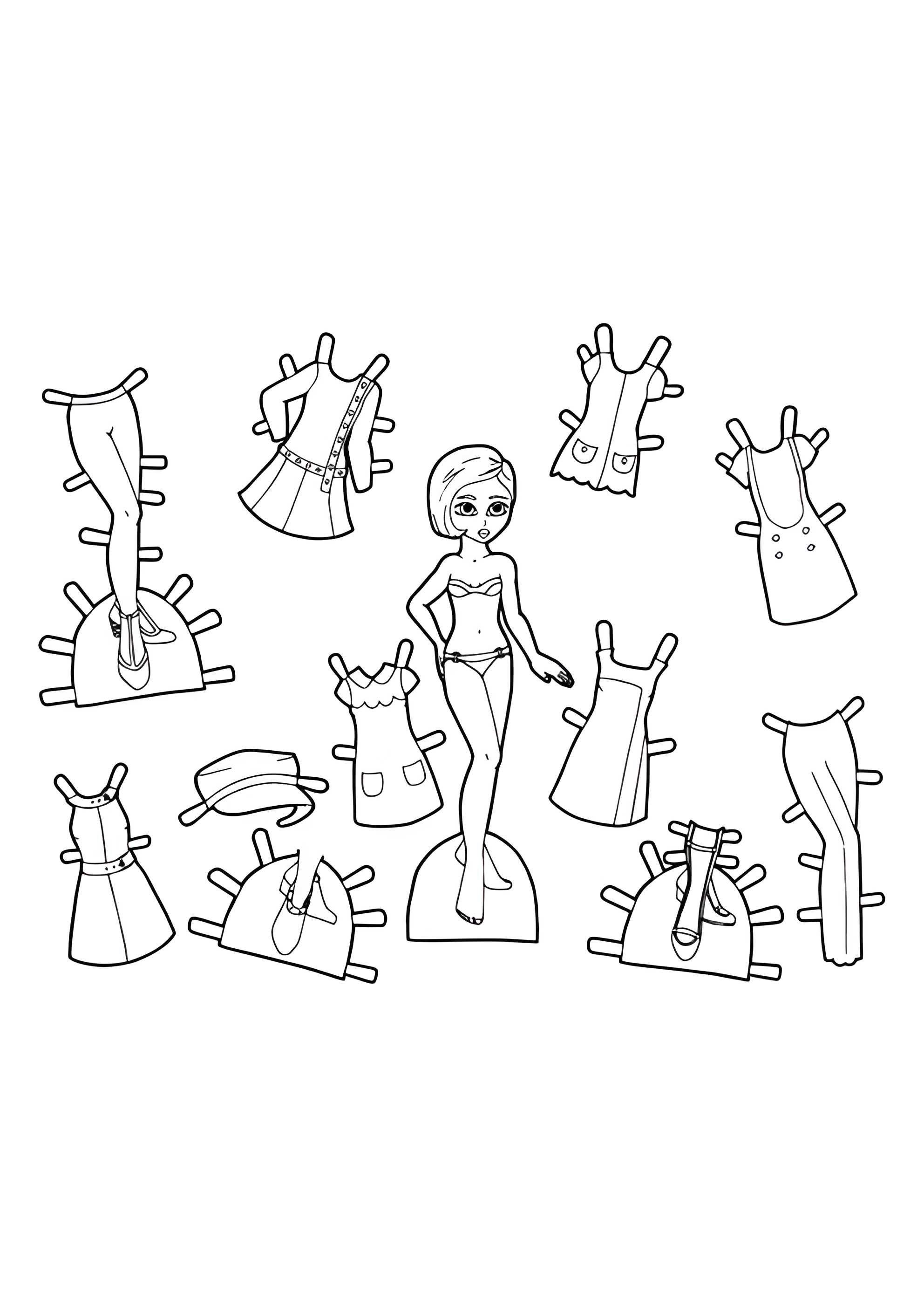 Раскраска Чёрно-белая бумажная кукла с набором старомодной одежды