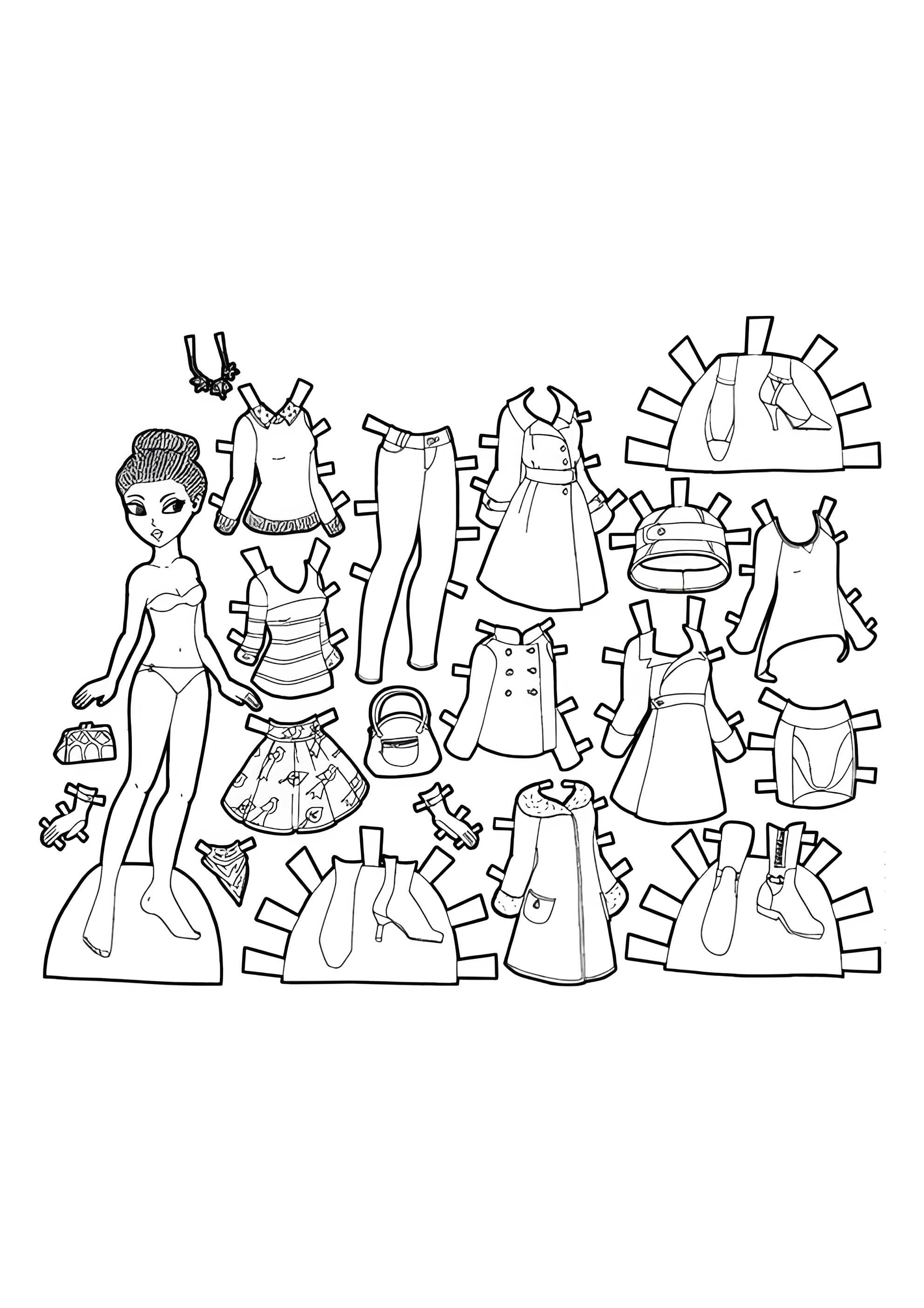 Раскраска Чёрно-белая бумажная кукла с осенними нарядами