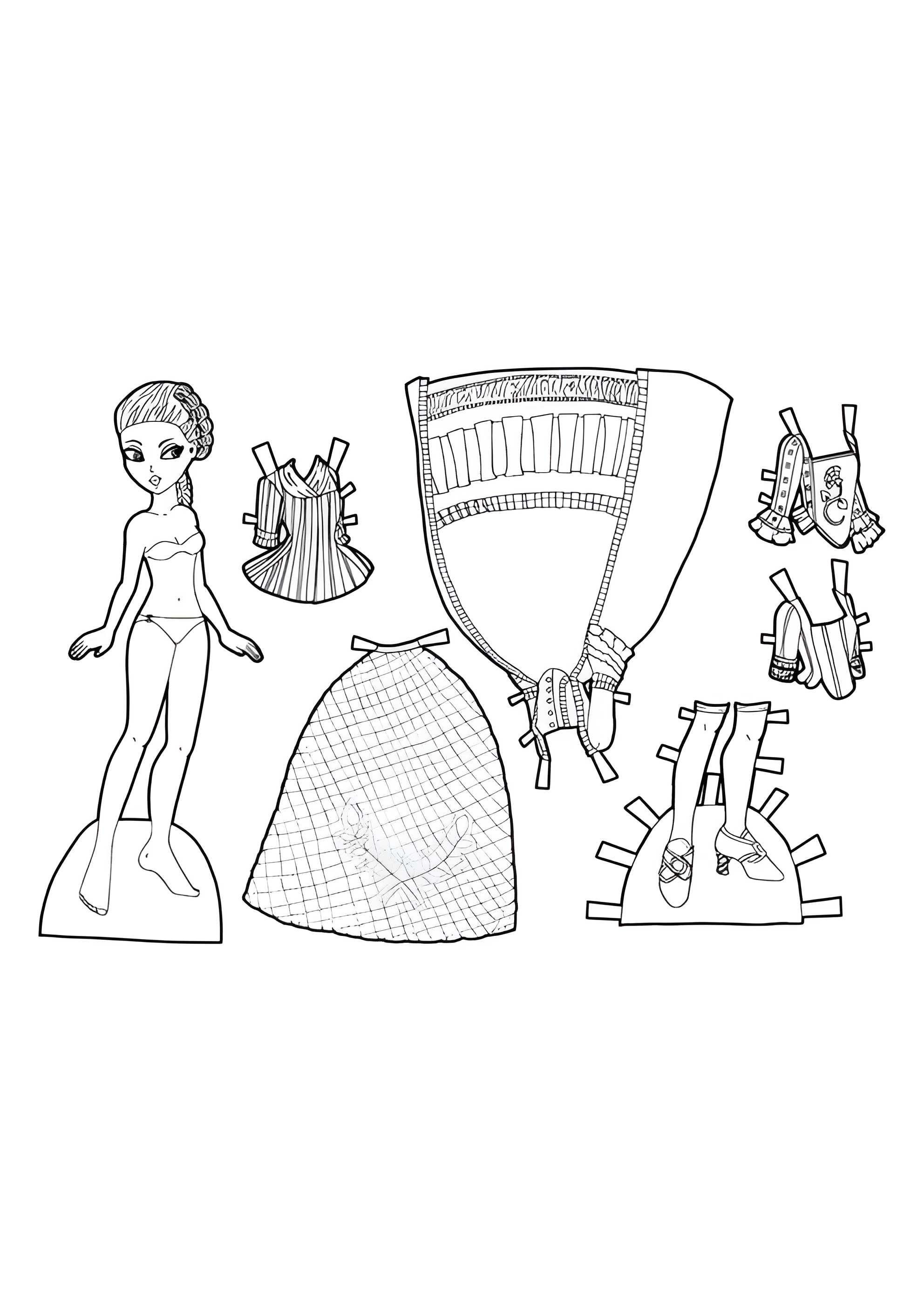 Раскраска Чёрно-белая бумажная кукла со средневековыми нарядами