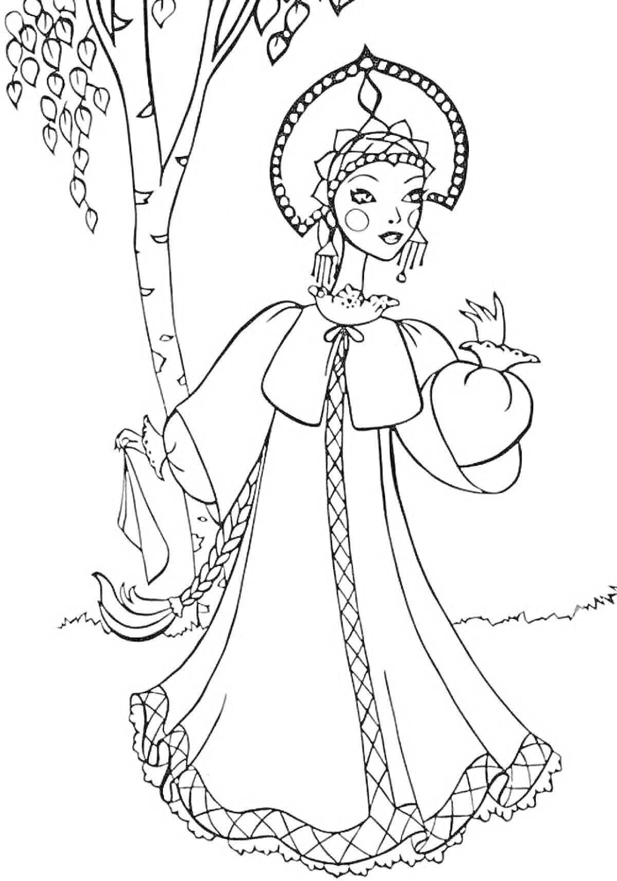 Раскраска Царевна с косой на фоне дерева