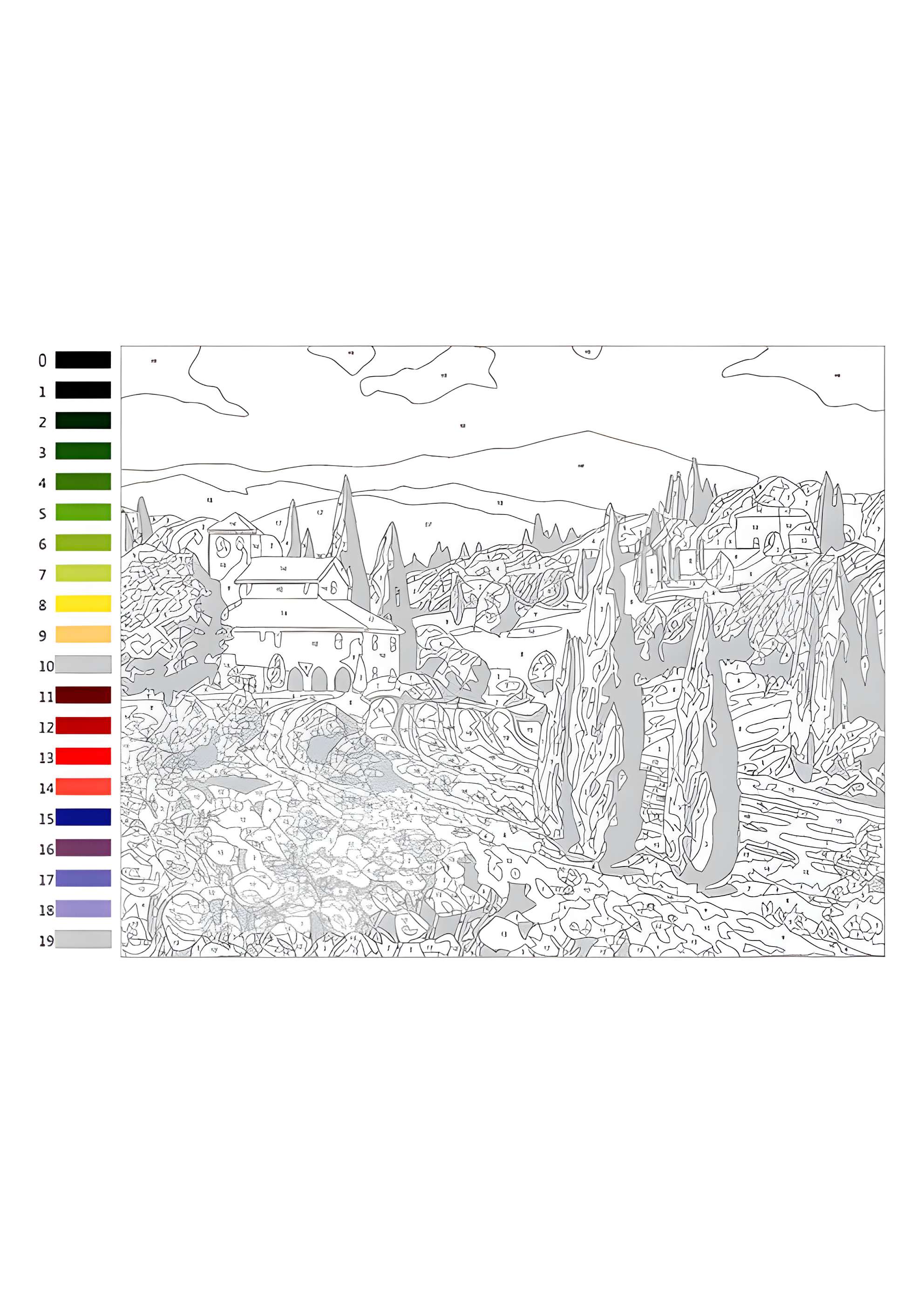 Раскраска Церковь в горах по номерам сложная