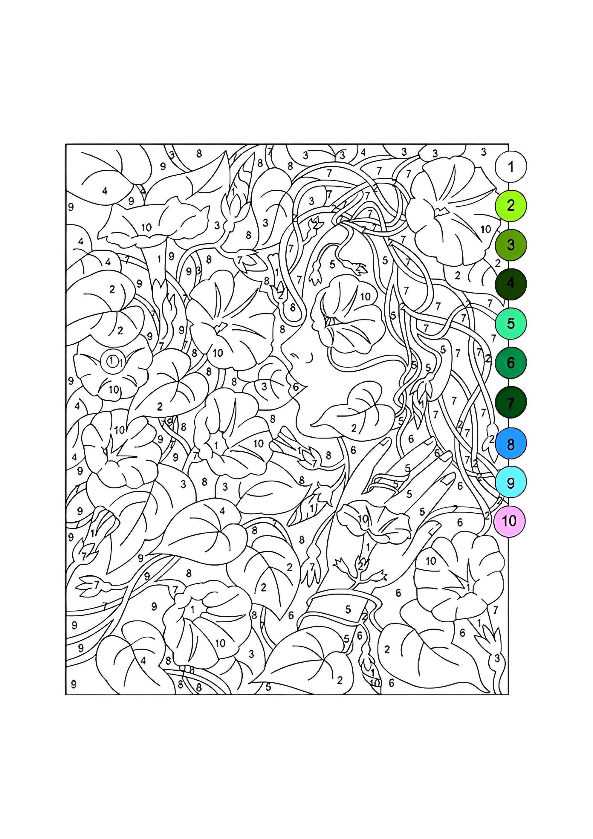 Раскраска Девушка в цветах по номерам для взрослых