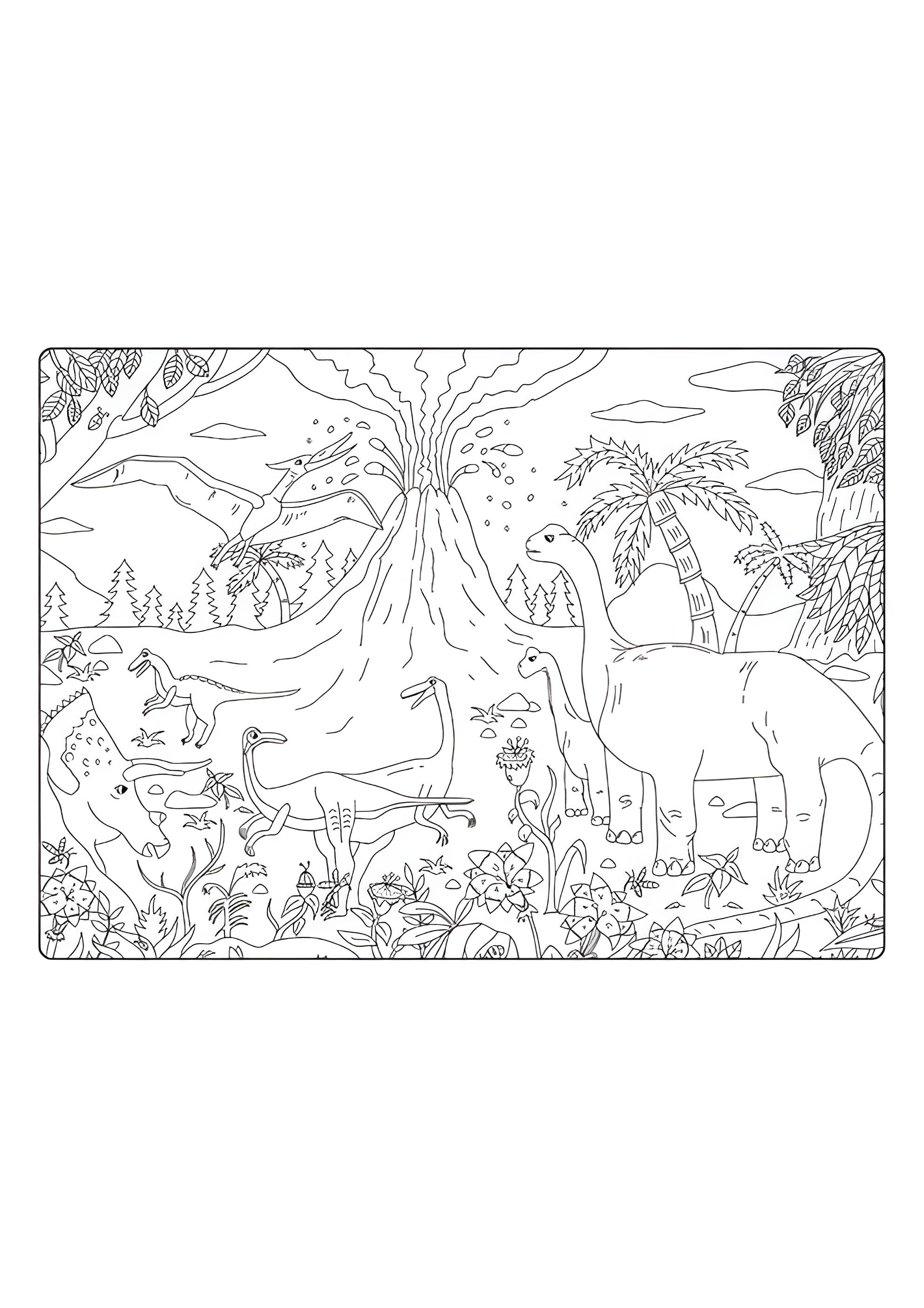 Раскраска Динозавры и извержение вулкана