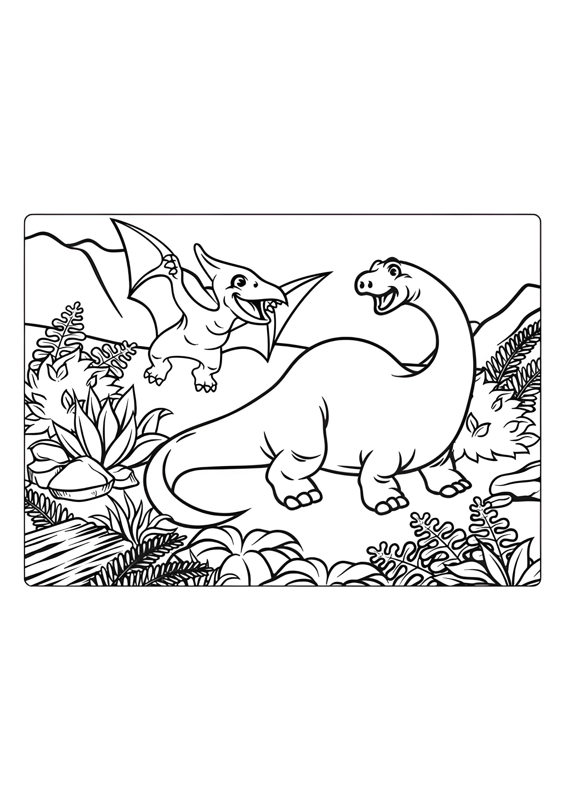 Раскраска Динозавры в папоротниках