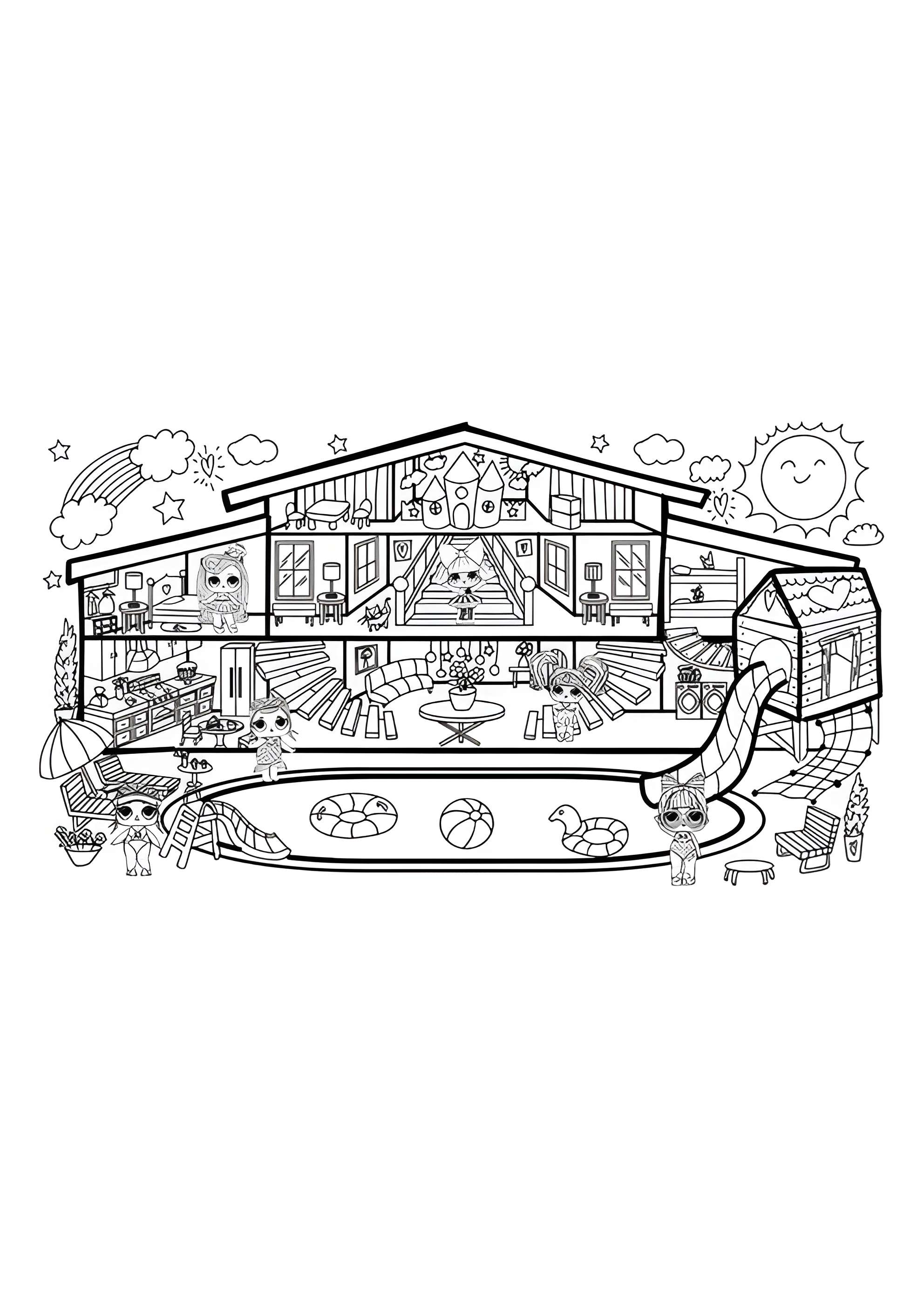 Раскраска Домик ЛОЛ с огромным бассейном