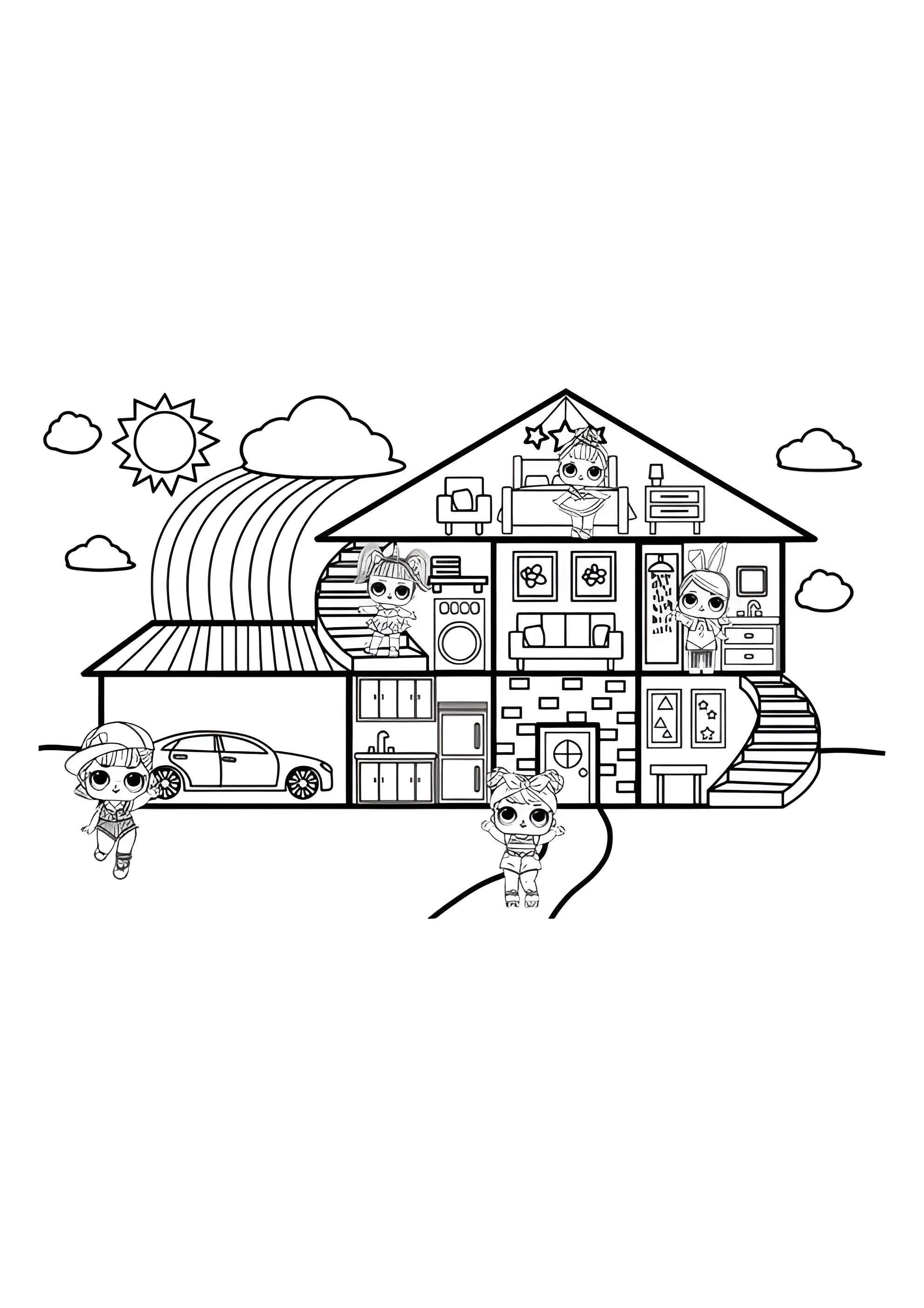 Раскраска Домик ЛОЛ с солнцем и радугой