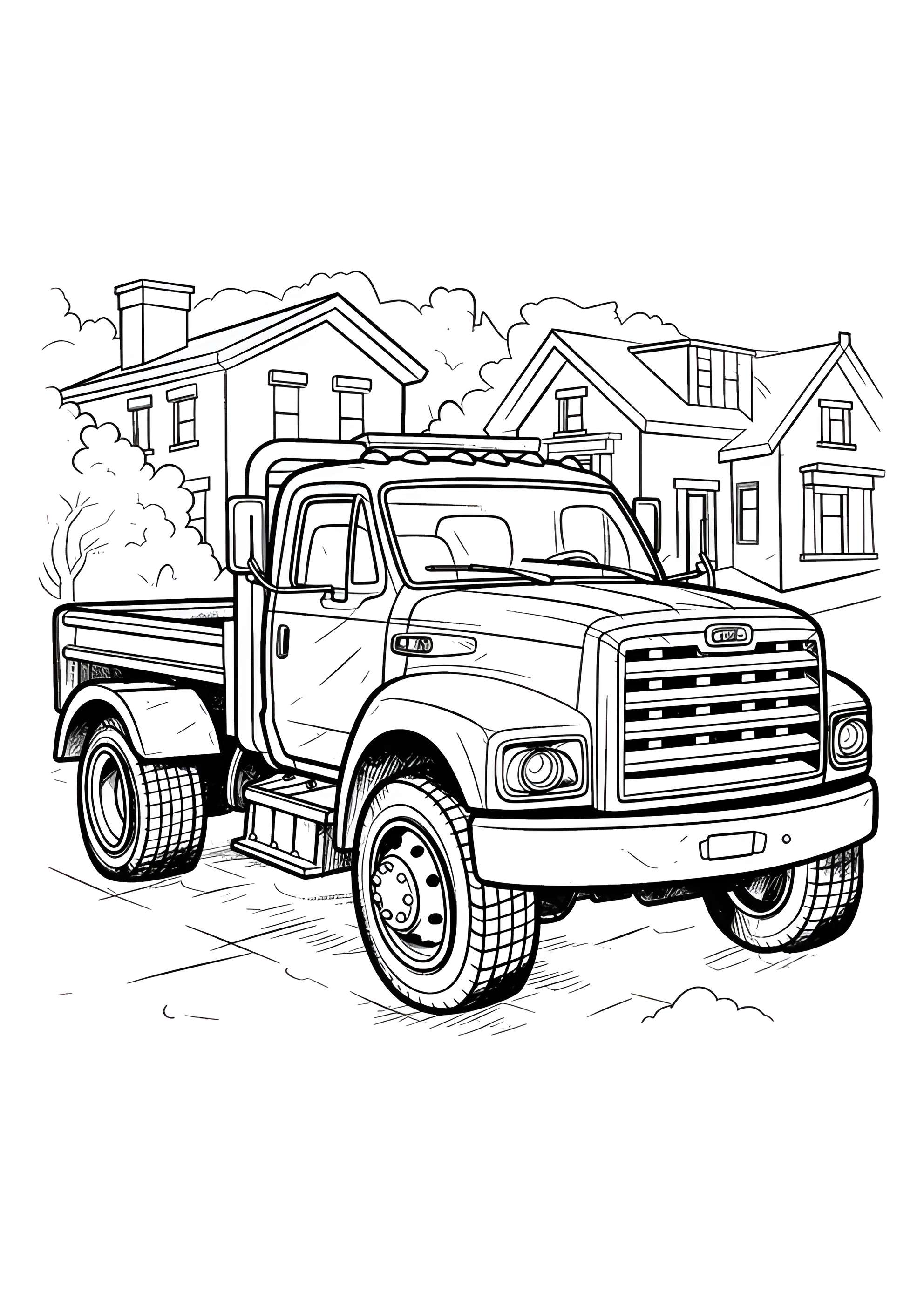 Раскраска Грузовик возле домов