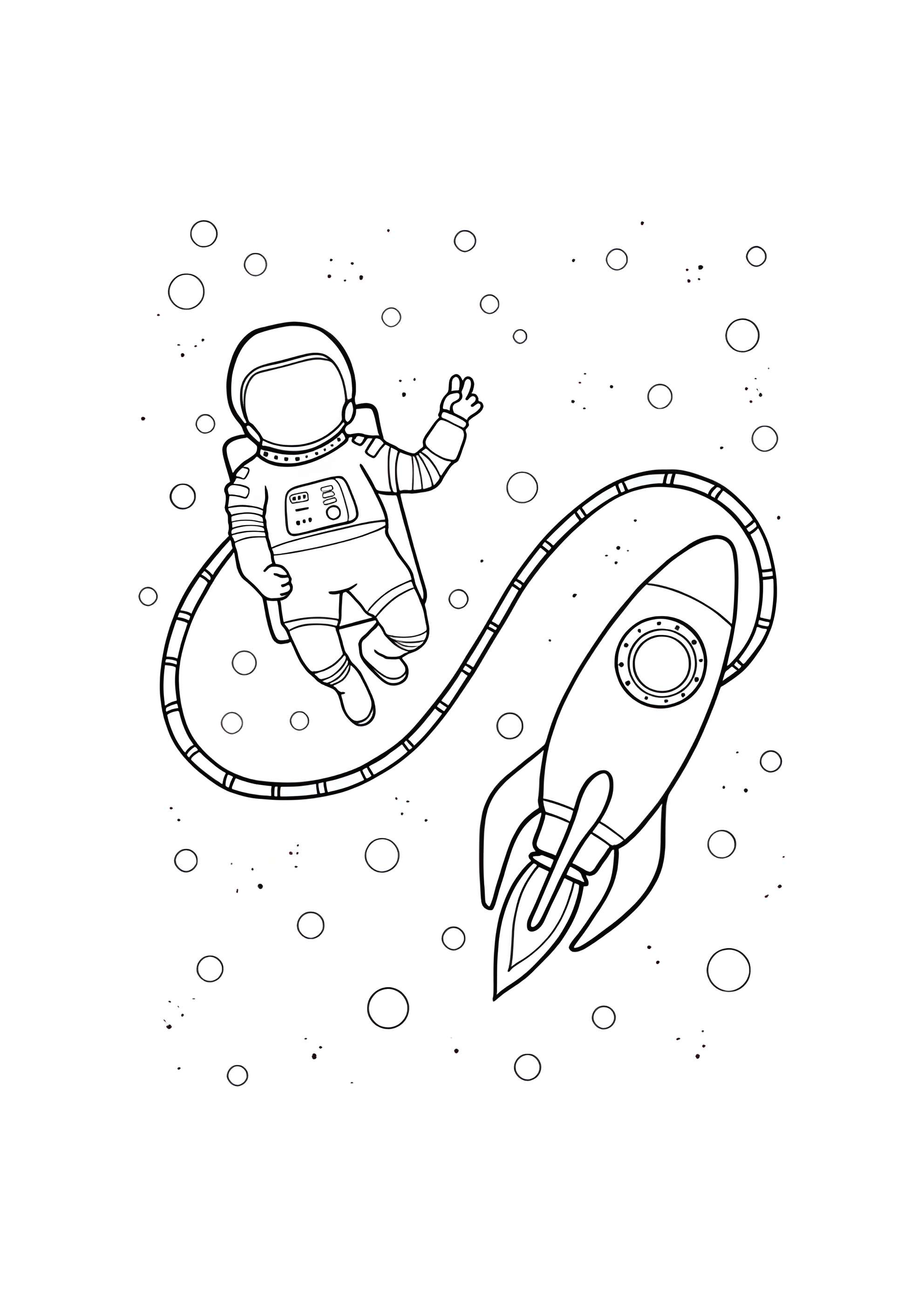 Раскраска Космонавт вышел из ракеты в открытый космос