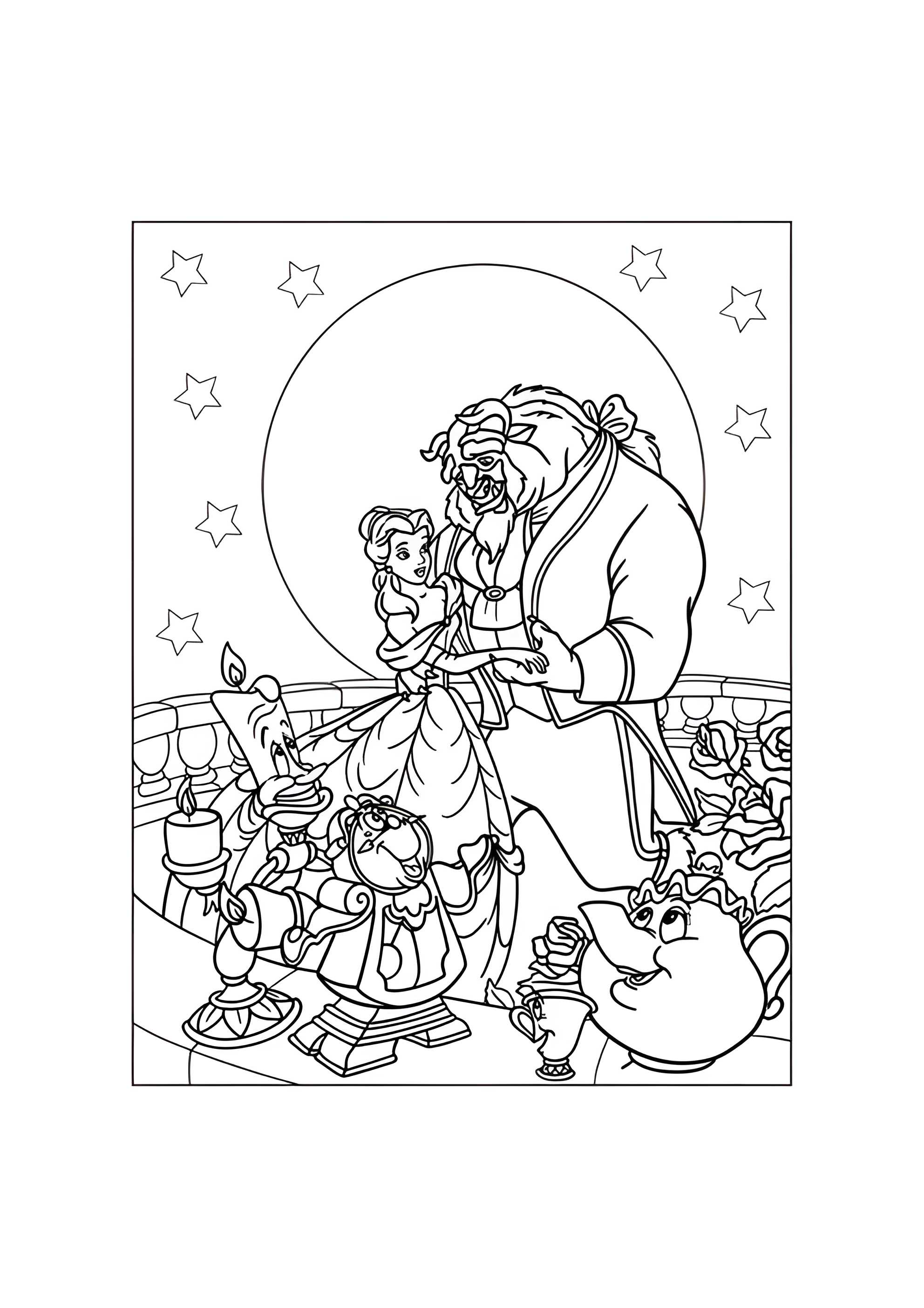 Раскраска Красавица и Чудовище на балконе