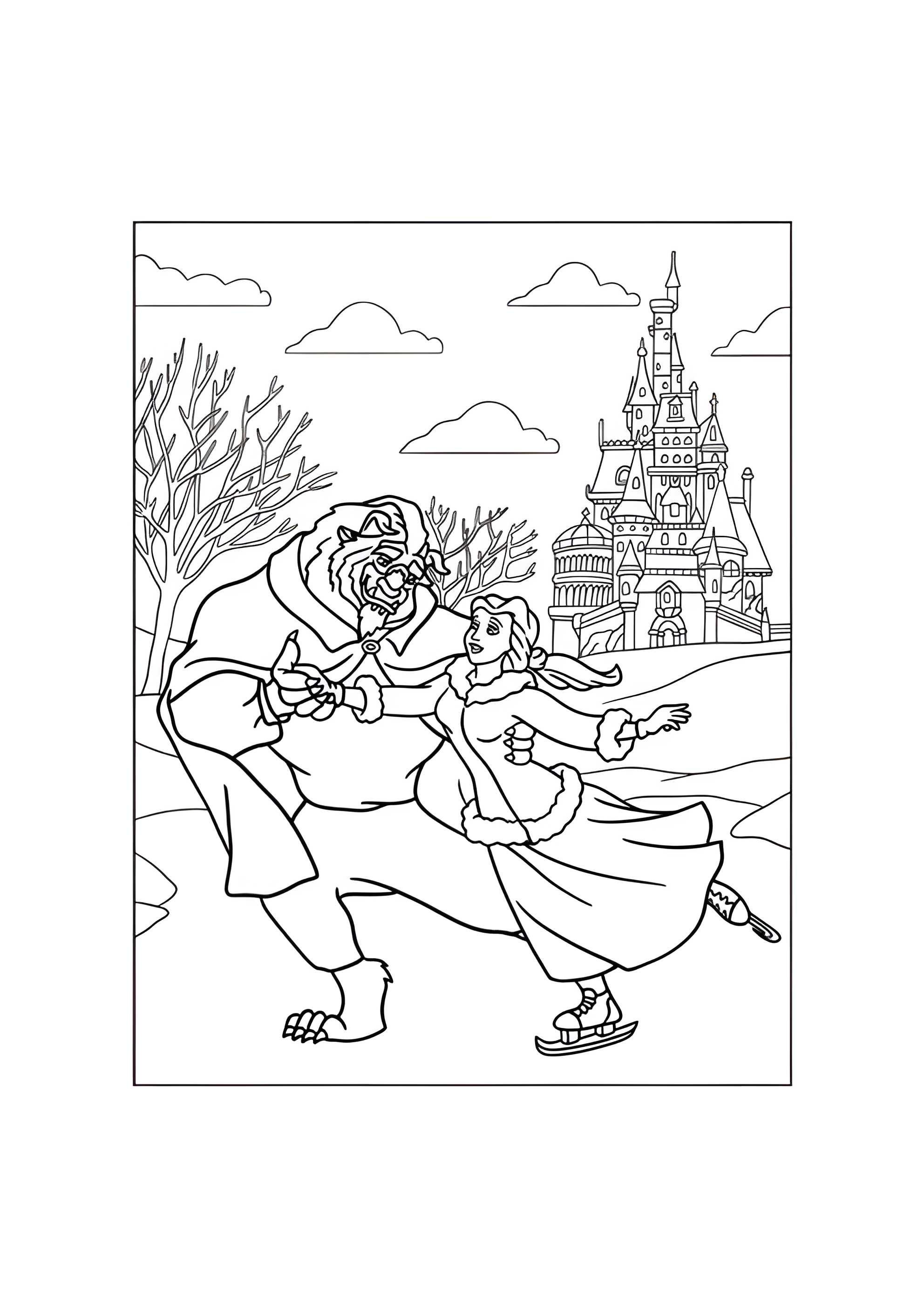 Раскраска Красавица и Чудовище на коньках