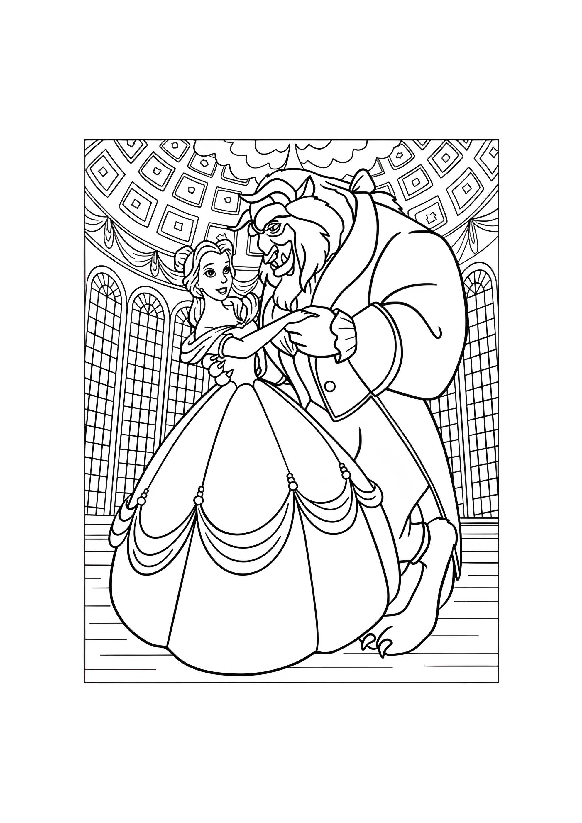 Раскраска Красавица и Чудовище танцуют в бальном зале
