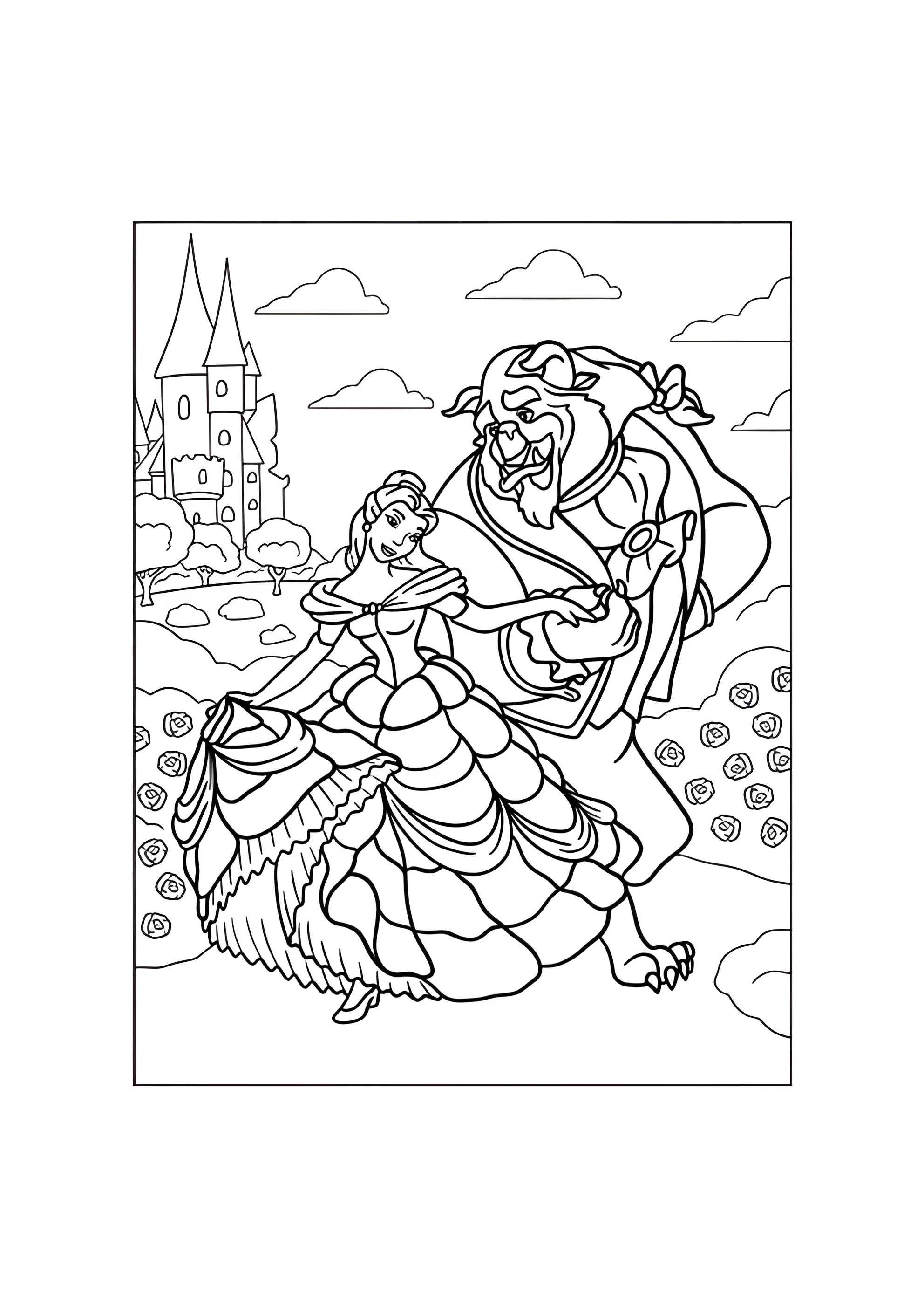 Раскраска Красавица и Чудовище танцуют в саду