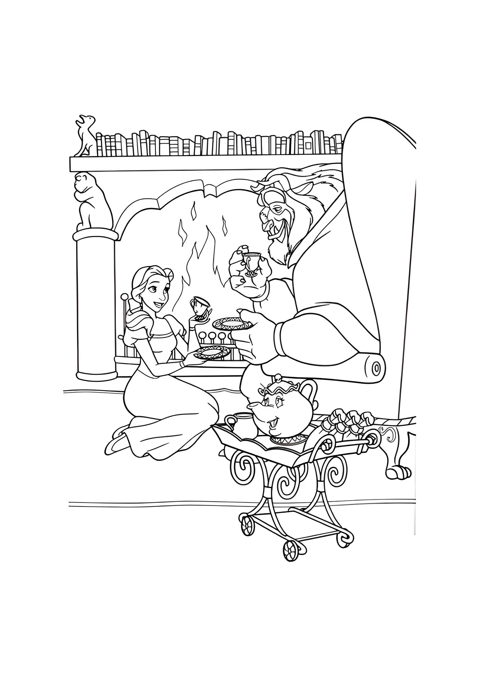 Раскраска Красавица и Чудовище у камина